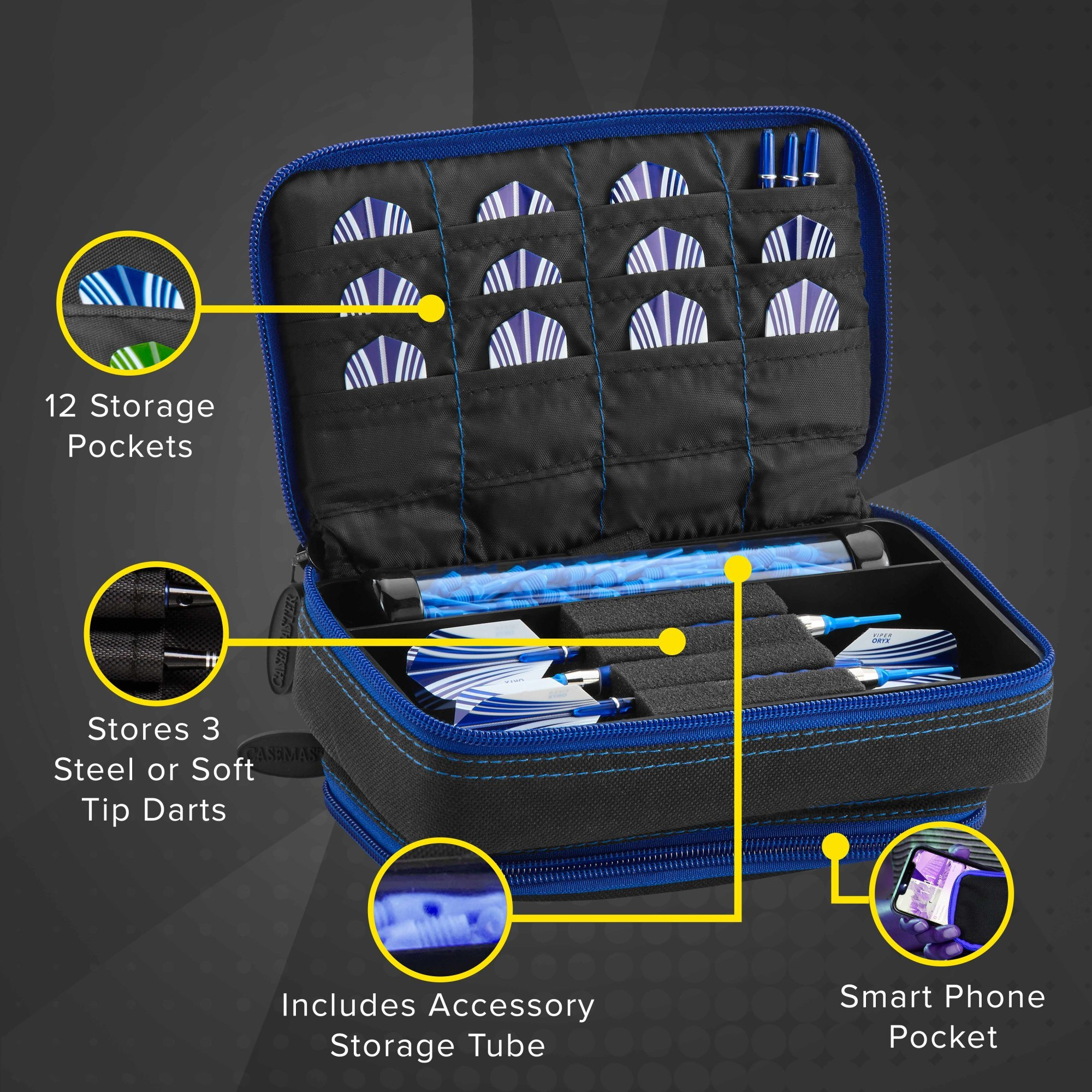 Casemaster Plazma Plus Dart Case Black with Sapphire Zipper and Phone Pocket
