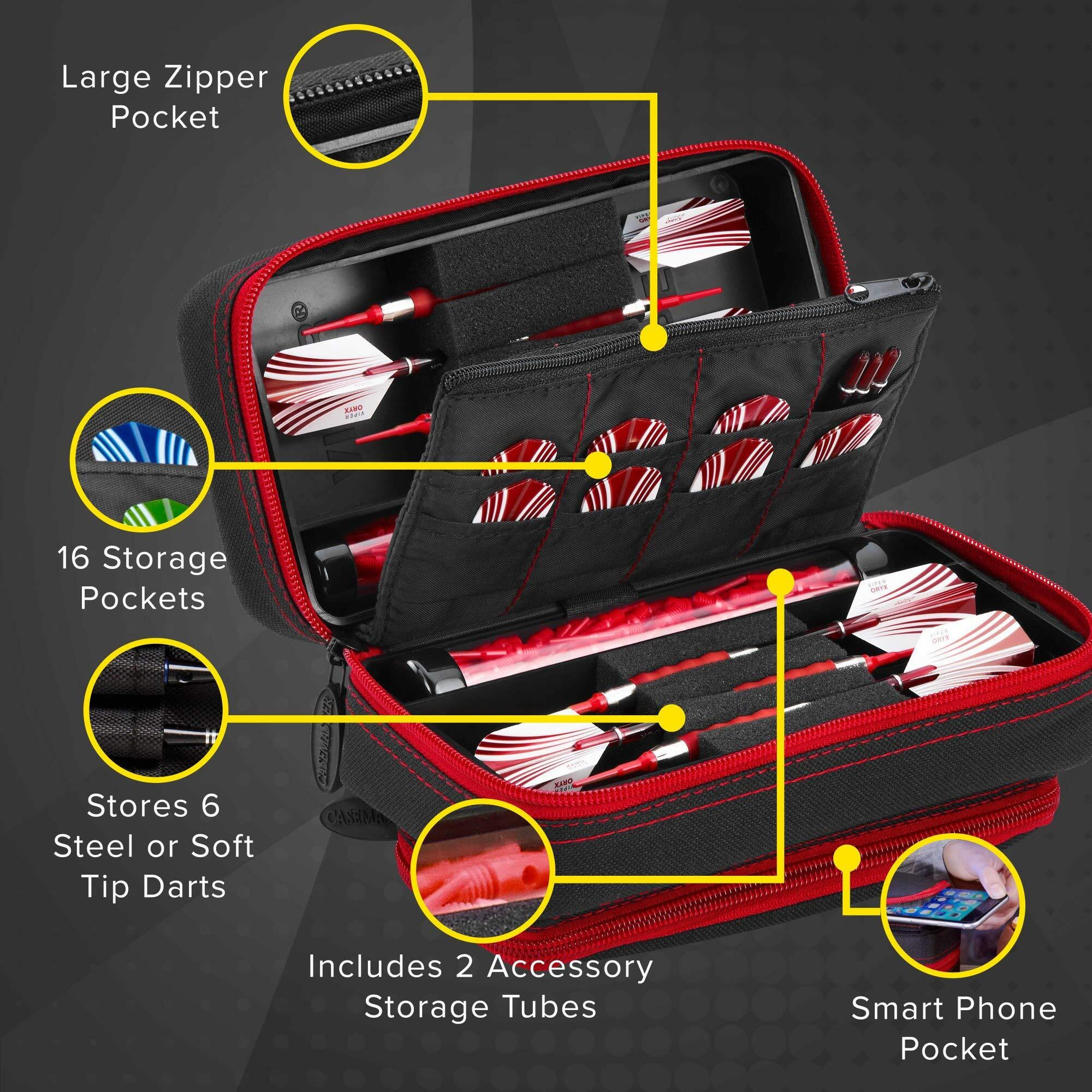 Casemaster Plazma Pro Dart Case Black with Ruby Zipper and Phone Pocket