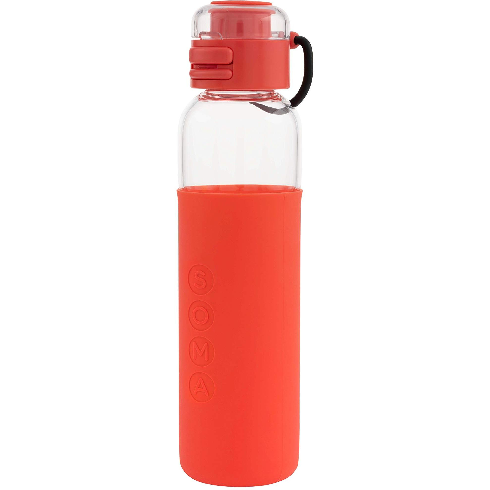 SOMA Glass Water Bottle with Silicone Sleeve, Sport Cap, 17-ounce, Coral