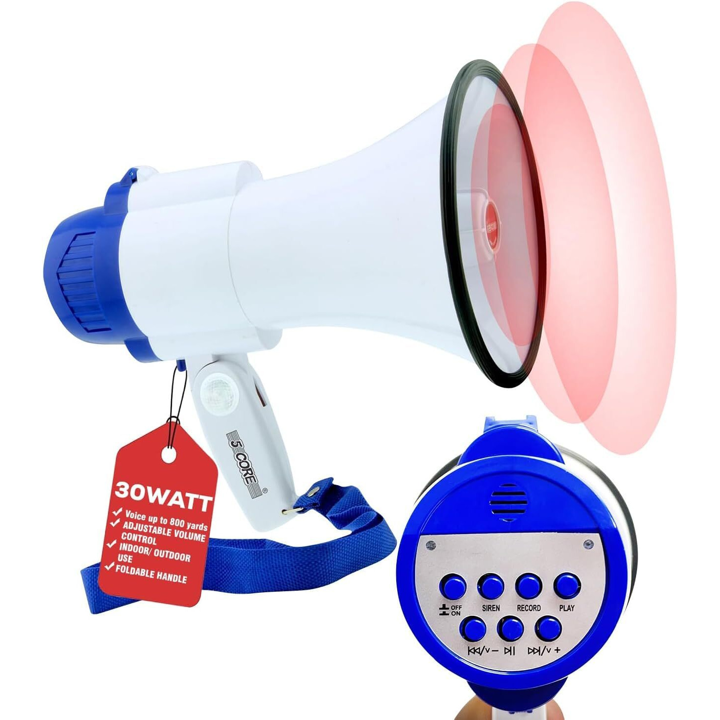 Megaphone Bullhorn Cheer Horn Mic Recording Siren Blow Horn Rechargeable battery Hand Held Mega Phone Loudhailer 5 Core 8R-USB-WB(D0102HHDFGX.)