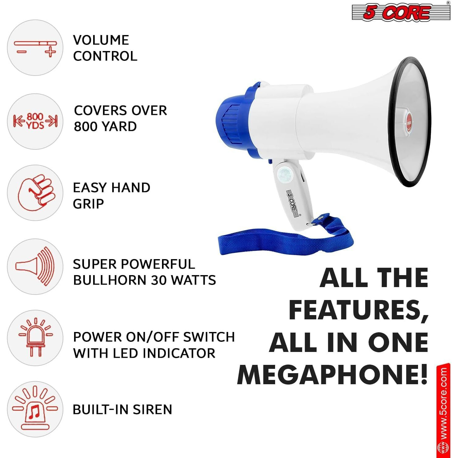 Megaphone Bullhorn Cheer Horn Mic Recording Siren Blow Horn Rechargeable battery Hand Held Mega Phone Loudhailer 5 Core 8R-USB-WB(D0102HHDFGX.)