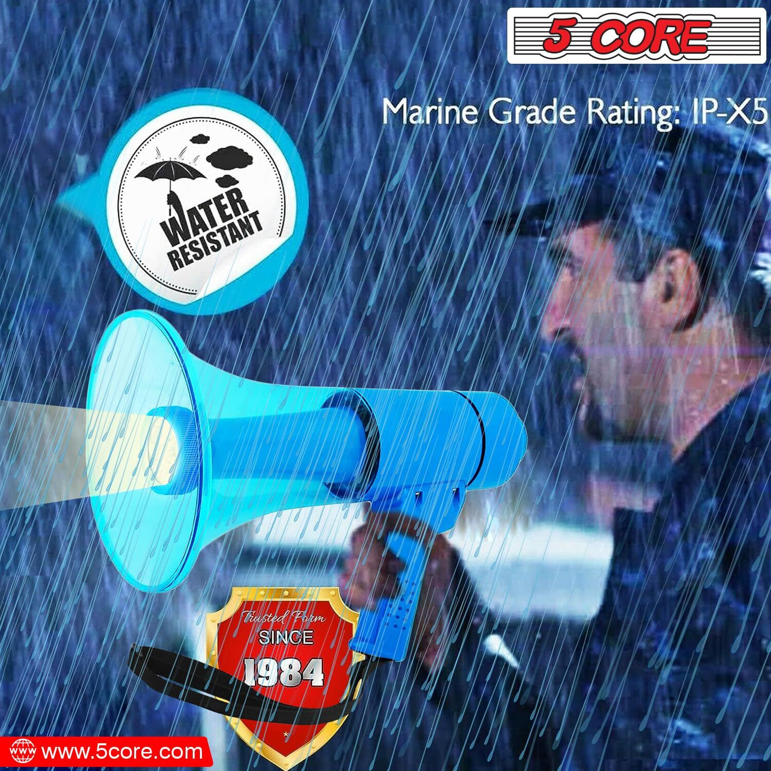 5 Core 40W Compact, Portable Waterproof Megaphone/ All Weather Bullhorn with Flashlight/ Reliable & Rechargeable PA Speaker, Adjustable Volume, Loud Alarm Siren/ for Indoor & Outdoor Use- HW 18 WP