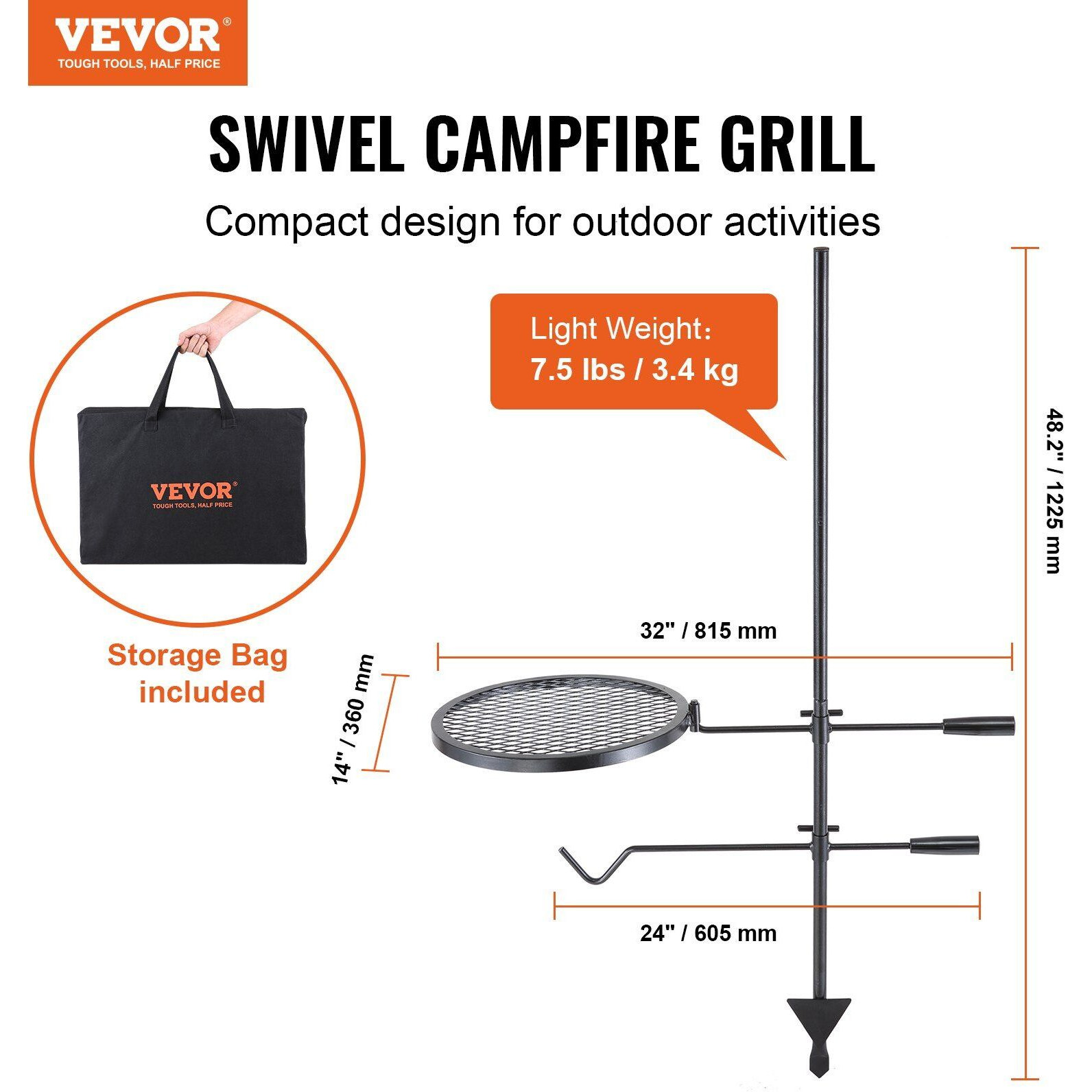 VEVOR Swivel Campfire Grill, Fire Pit Grill Grate over Fire Pits, Heavy Duty Steel Grill Grates, 360 Adjustable Open Fire Outdoor Cooking Equipment, Portable Camp Fire Racks for Camping Outdoor BBQ
