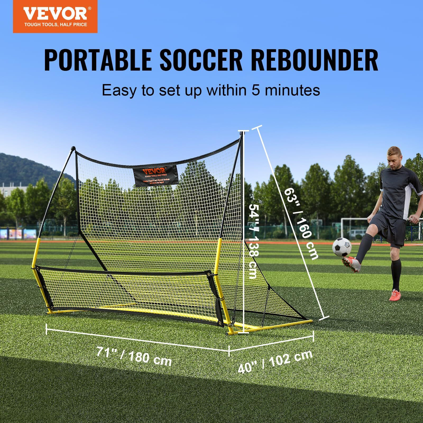 VEVOR Soccer Trainer, 2-IN-1 Portable Soccer Rebounder Net, 71&quotx40" Iron Soccer Practice Equipment, Sports Football Rebounder Wall with Portable Bag, Perfect for Team Solo Training, Passing, Volley