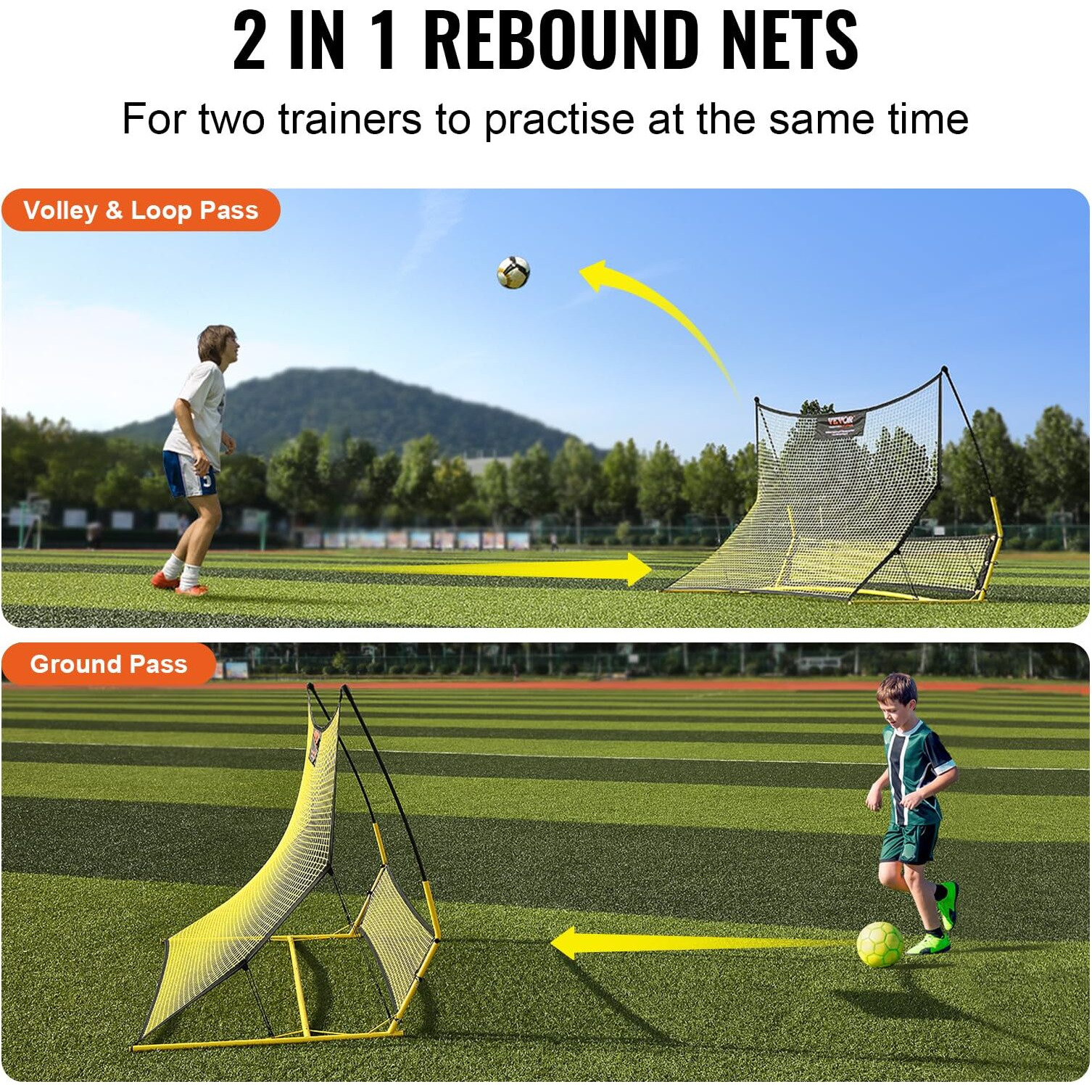 VEVOR Soccer Trainer, 2-IN-1 Portable Soccer Rebounder Net, 71&quotx40" Iron Soccer Practice Equipment, Sports Football Rebounder Wall with Portable Bag, Perfect for Team Solo Training, Passing, Volley