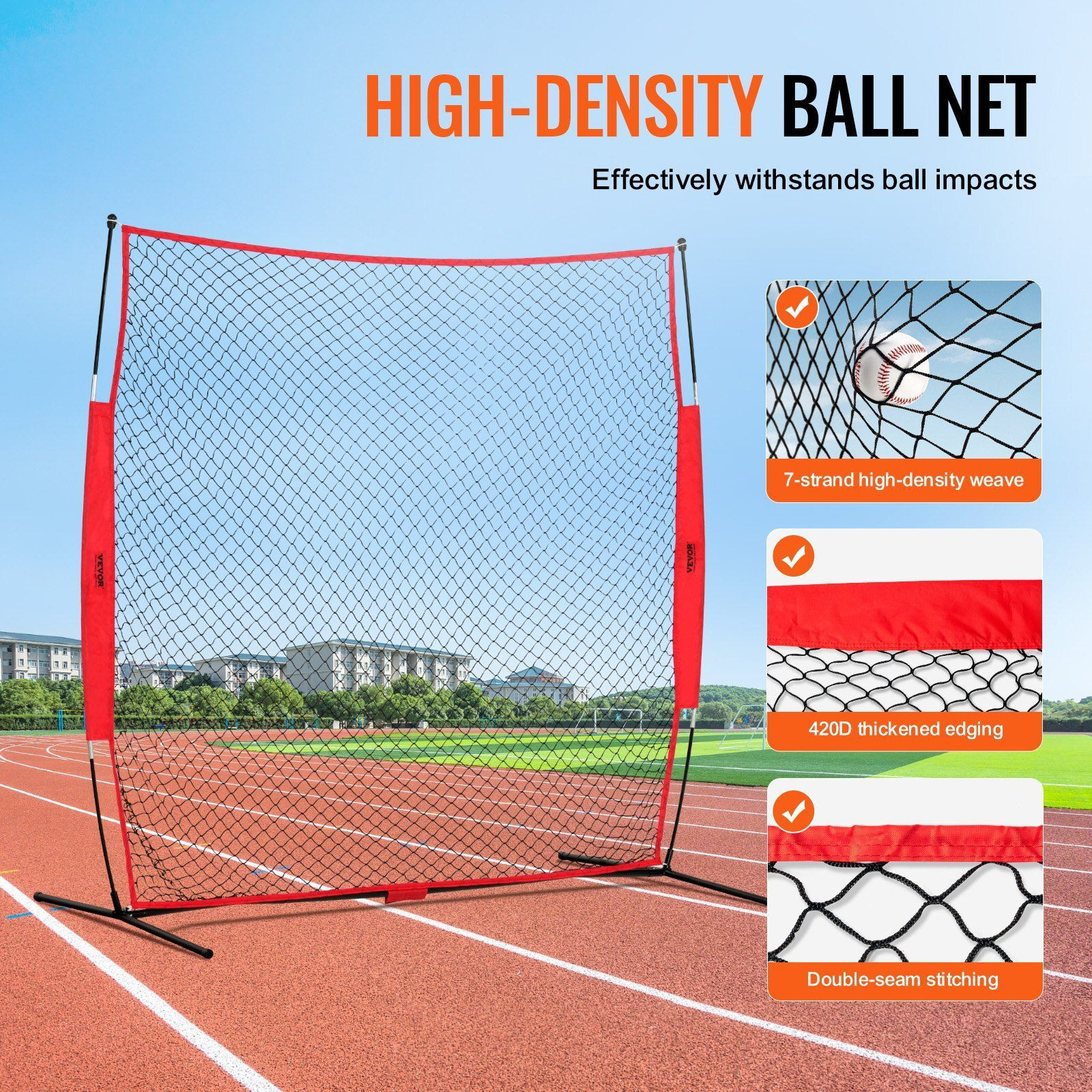 VEVOR Barricade Backstop Net, 7x7 ft Ball Sports Barrier Netting, Portable Practice Equipment with Carry Bag, Protection Screen for Baseball Softball Lacrosse Soccer Hockey Training, for Backyard