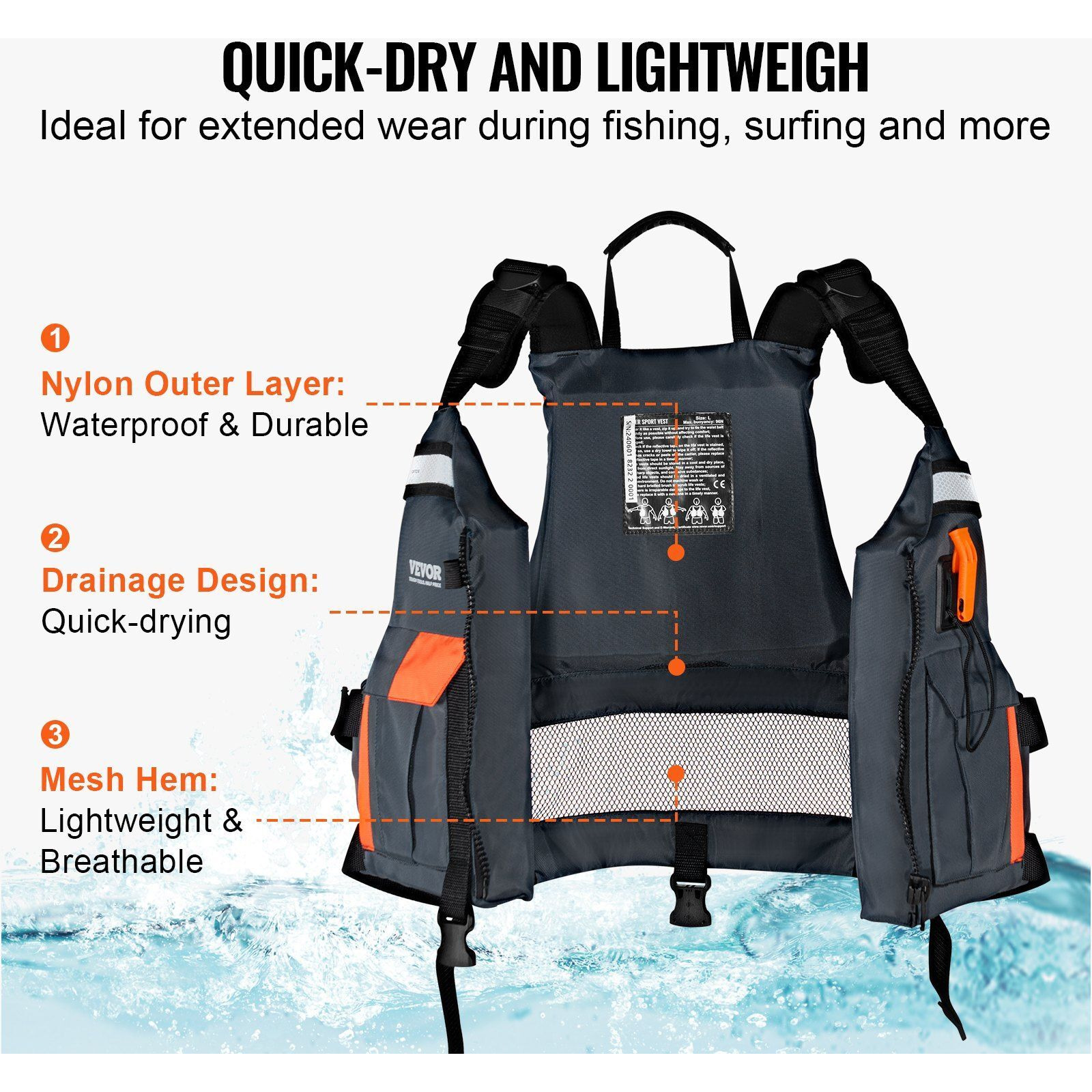 VEVOR Watersports Life Vest PFD 96N Buoyancy Life Jacket for Men & Women L