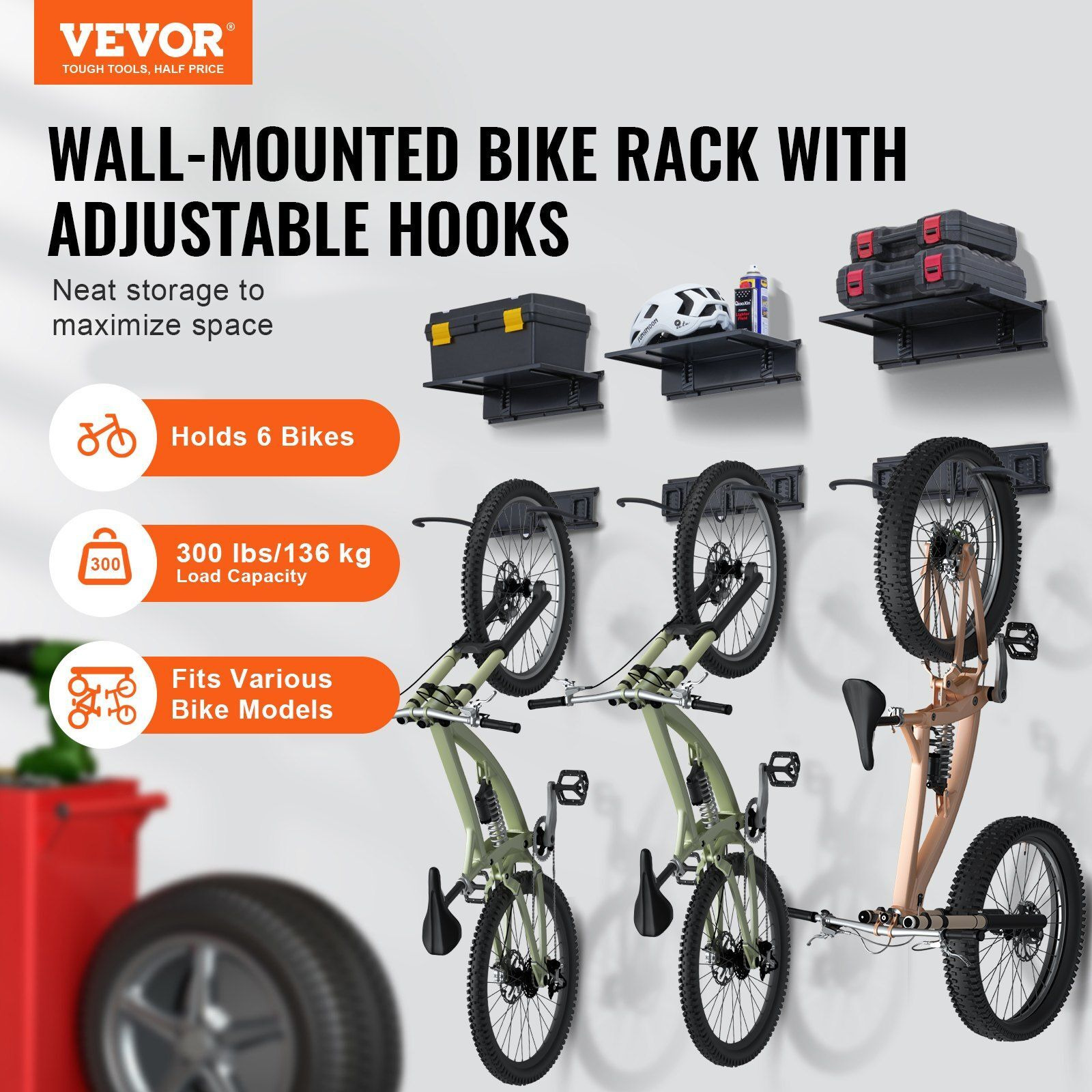 VEVOR Bike Storage Rack Wall Mount Garage Bike Holder & 3 Shelves for 6 Bicycles