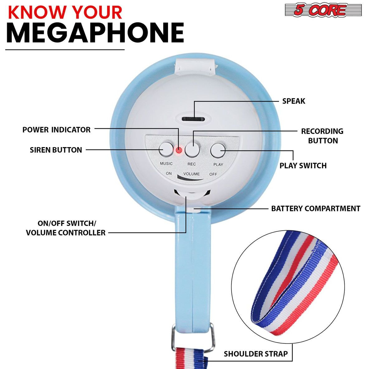 5 Core Megaphone Bullhorn Speaker 15W Mini Battery Power Bull horn w Siren 400 Yard Range - HW 1