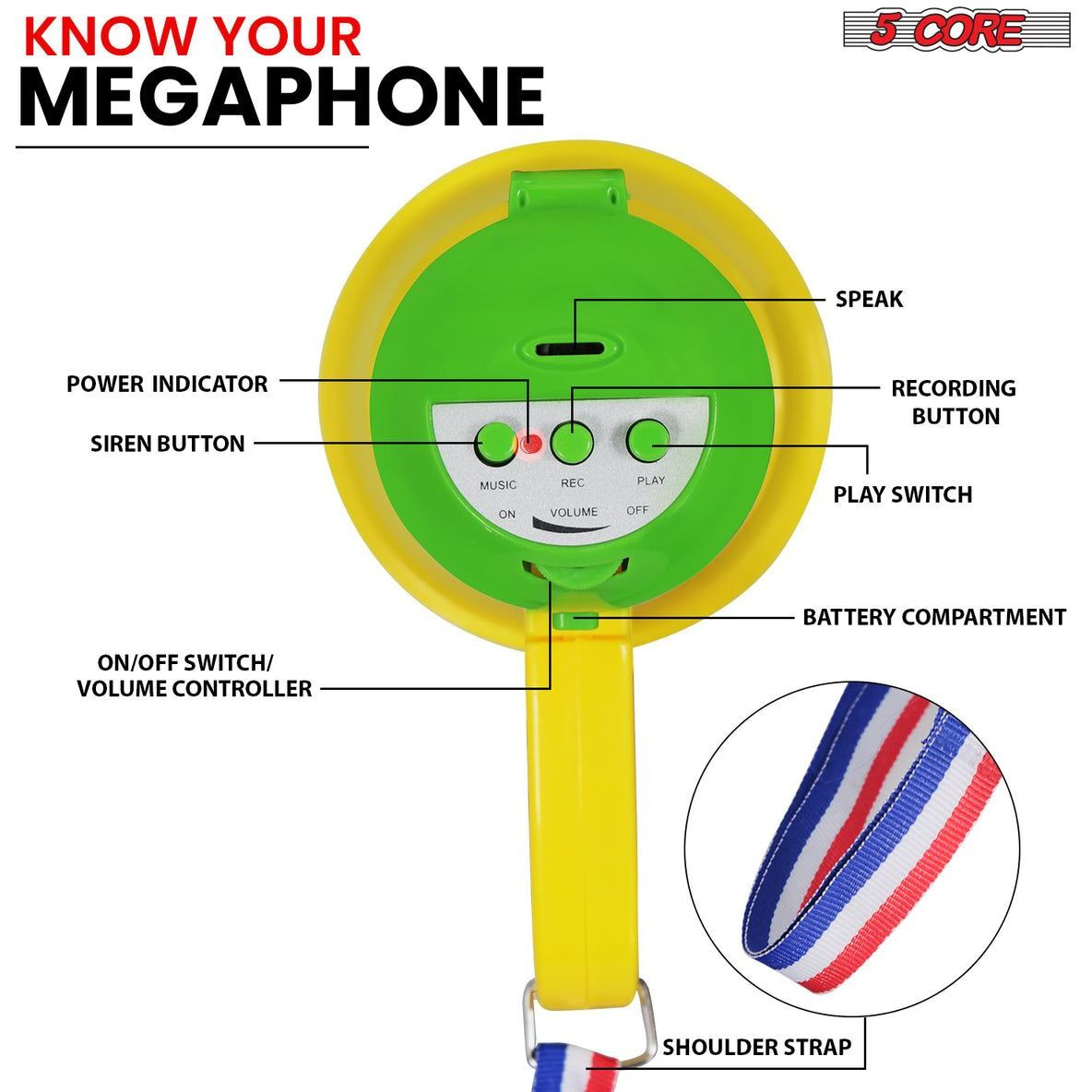 5 Core Megaphone Bullhorn Speaker 15W Mini Battery Power Bull horn w Siren 400 Yard Range - HW 1
