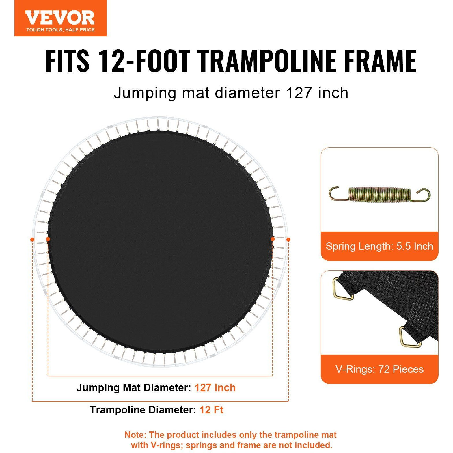 VEVOR Replacement Trampoline Mat Fits 12ft Frame 72 V-Rings 5.5" Spring Length