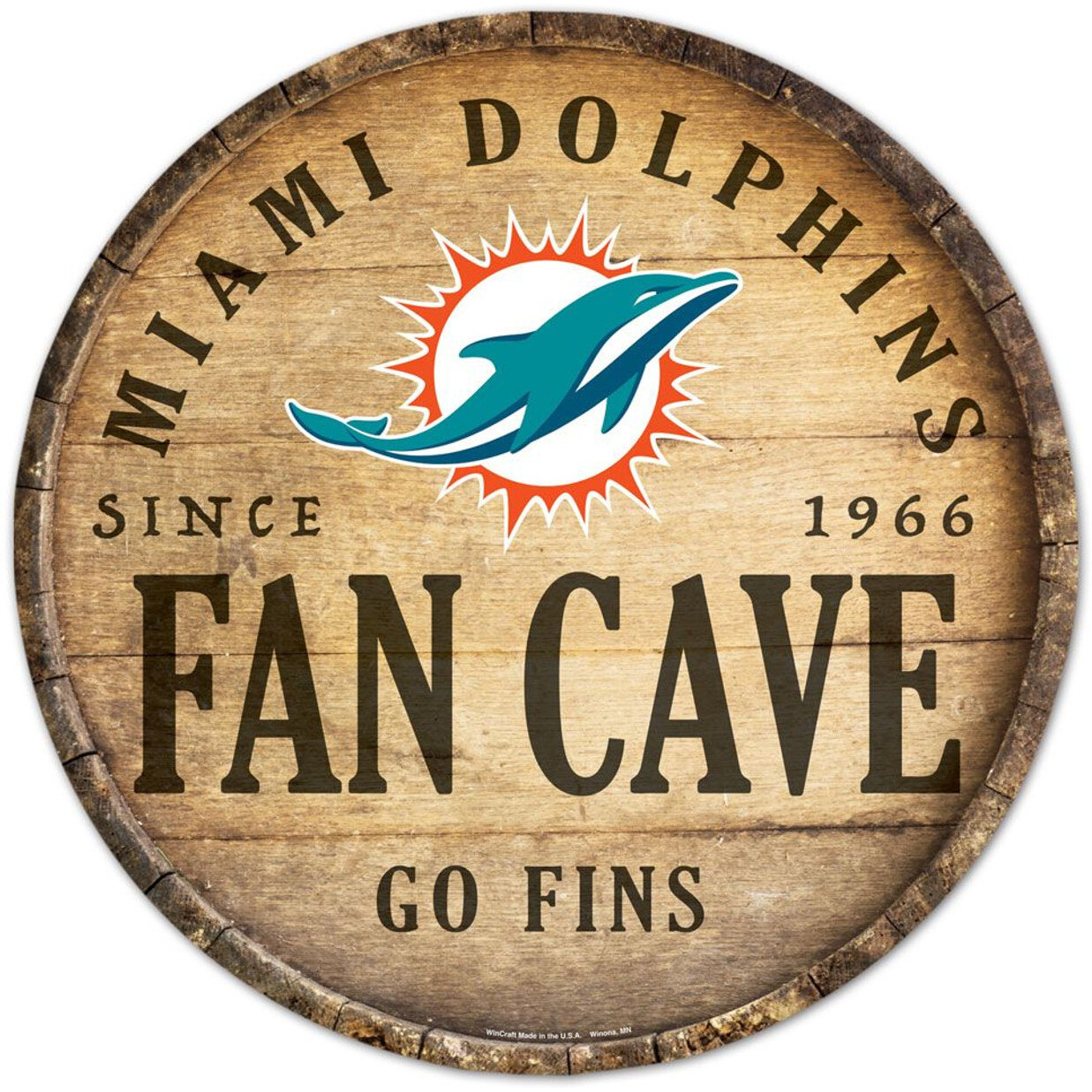 Miami Dolphins Sign Wood 14 Inch Round Barrel Top Design