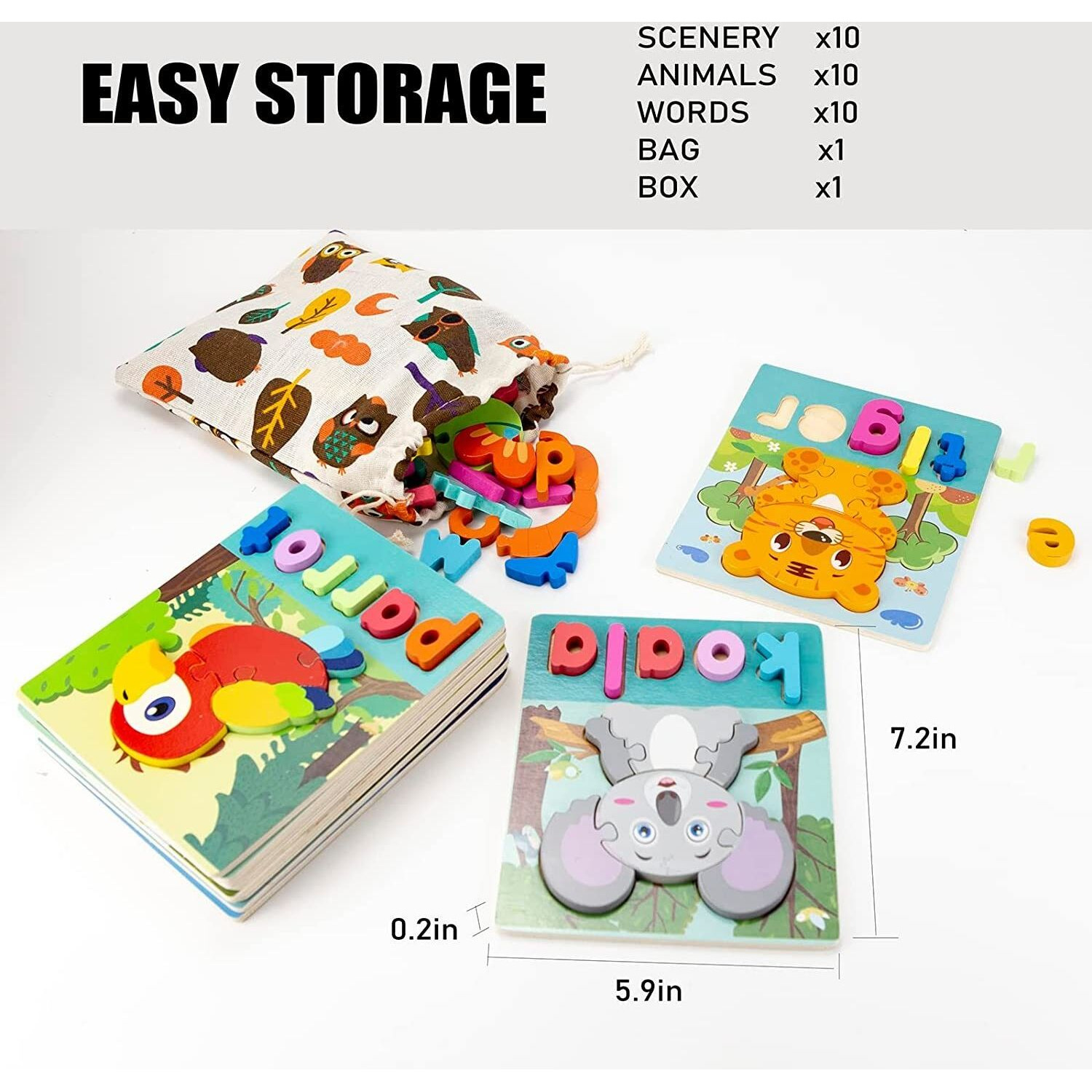 10 Pack Wooden Toddler Puzzles Spelling Montessori Toy Toddler Baby Ages 2-4 Puzzles Early Develop Toys Learning Education Preschool gifts(D0102HIcNEU)
