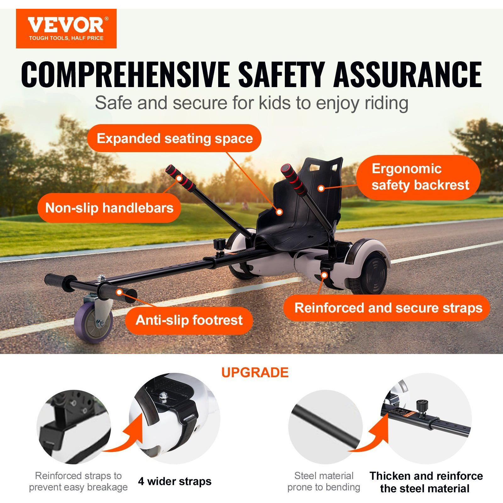 VEVOR Hoverboard Seat Attachment, Compatible with All 6.5" 8" 8.5" 10" Hoverboards, Grips Control, Adjustable Frame Length and 220 LBS Load Capacity, Hover Board Go Karts Accessory, for Kids Adults