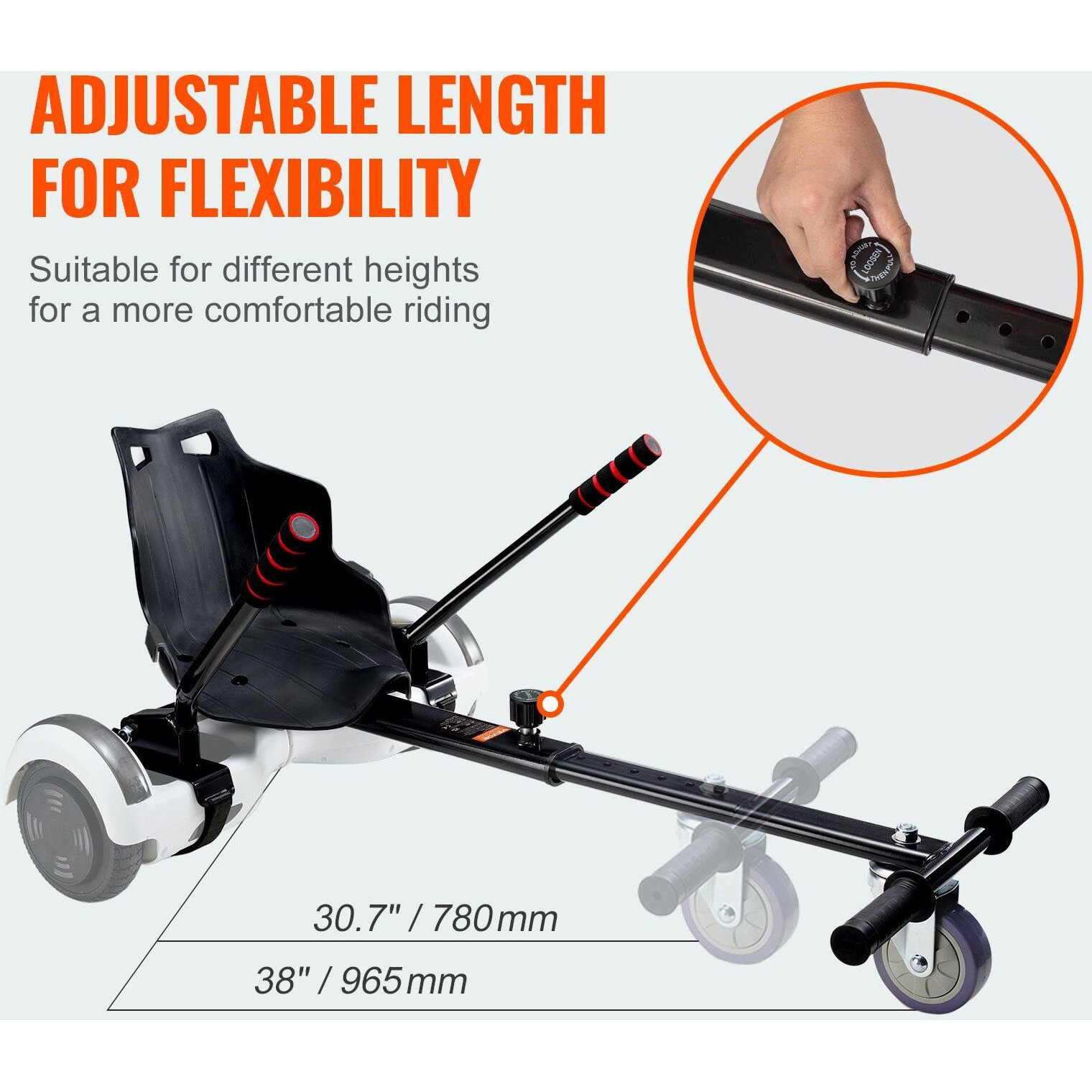 VEVOR Hoverboard Seat Attachment, Compatible with All 6.5" 8" 8.5" 10" Hoverboards, Grips Control, Adjustable Frame Length and 220 LBS Load Capacity, Hover Board Go Karts Accessory, for Kids Adults