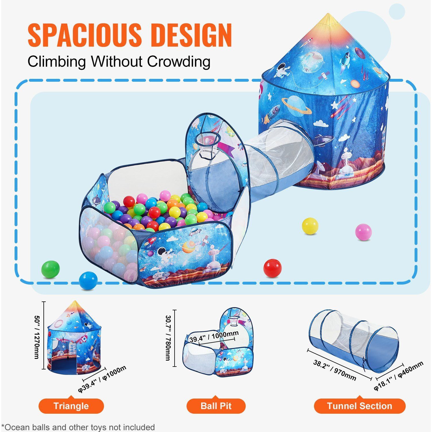 VEVOR 3 in 1 Kids Play Tent with Tunnel for Boys, Girls, Babies and Toddlers, Indoor/Outdoor Pop Up Playhouse with Carrying Bag & Banding Straps Birthday Gifts, Royal Blue Color Rocket Theme