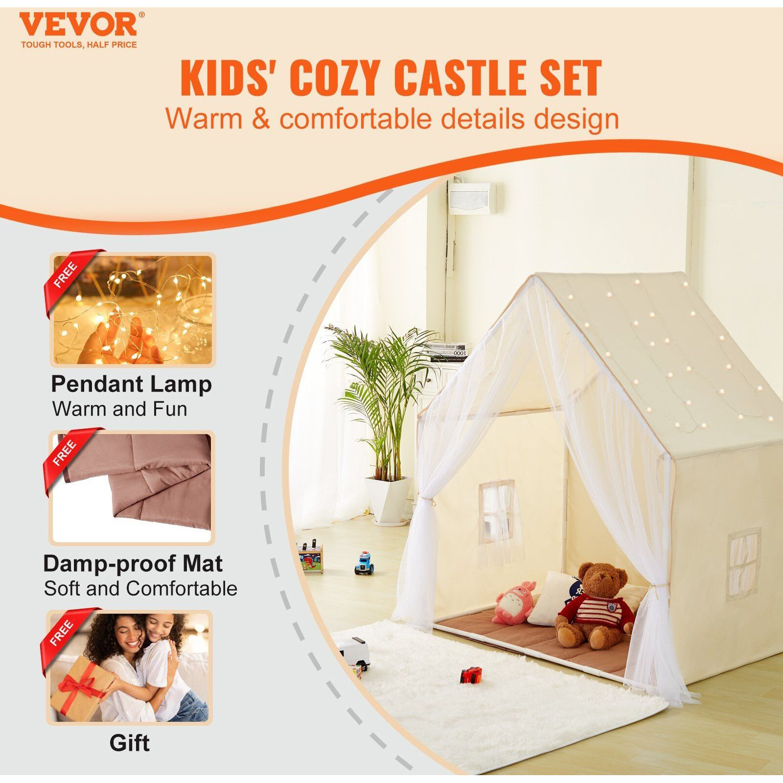 VEVOR Kids Play Tent, Kids Tent for Kids 1-5 Years Old, Toddler Tent with Mat and Tent Lamp, Tent for Kids with Windows for Indoor and Outdoor, Yurt Tent for Boys and Girls, Beige