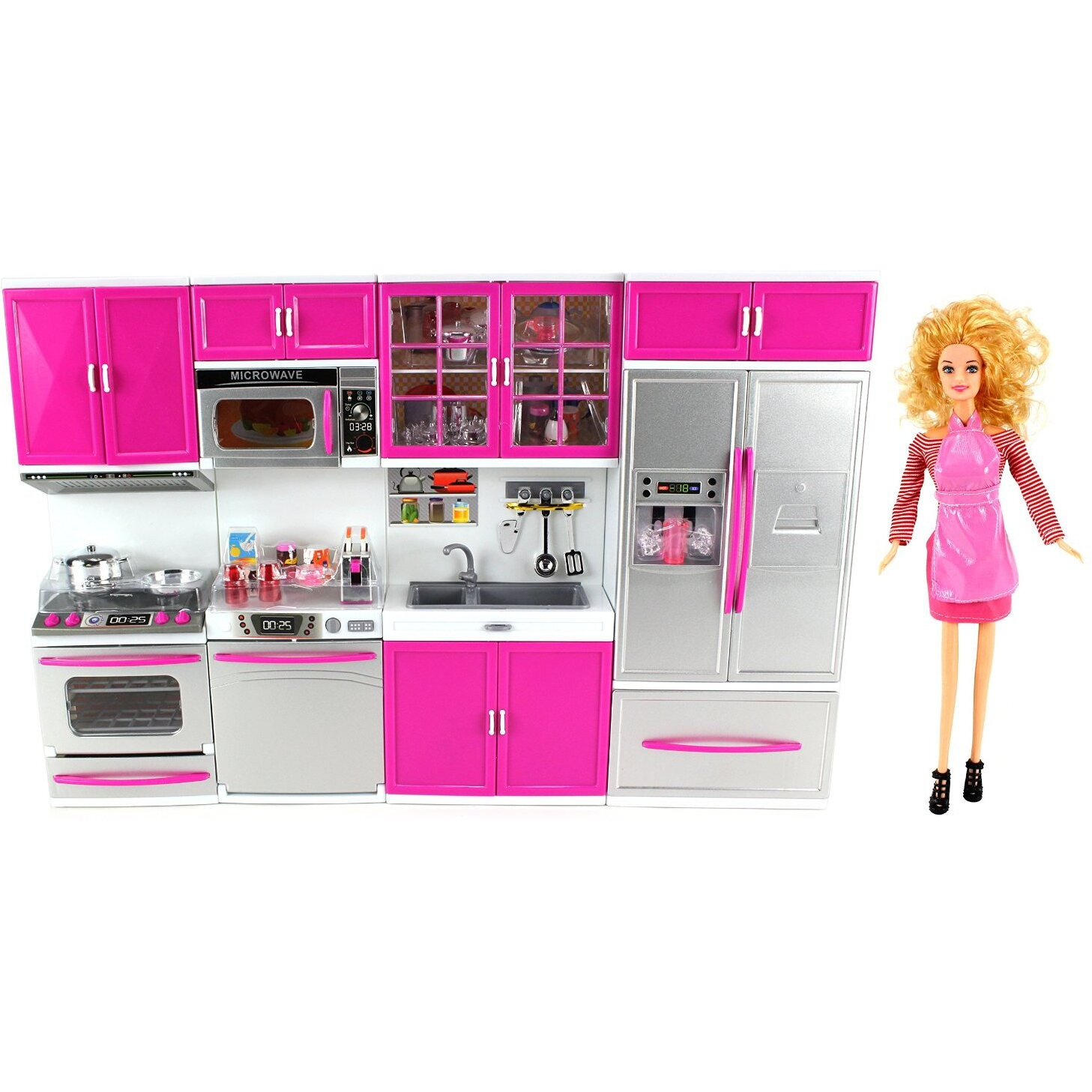 My Modern Kitchen Full Deluxe Kit Battery Operated Kitchen Playset With Toy Doll, Lights, And Sounds