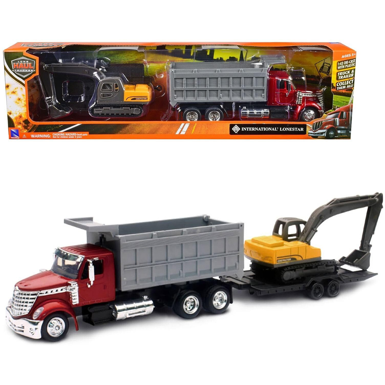 International Lonestar Dump Truck Red and Tracked Excavator Yellow with Flatbed Trailer &quotLong Haul Truckers" Series 1/43 Diecast Model by New Ray