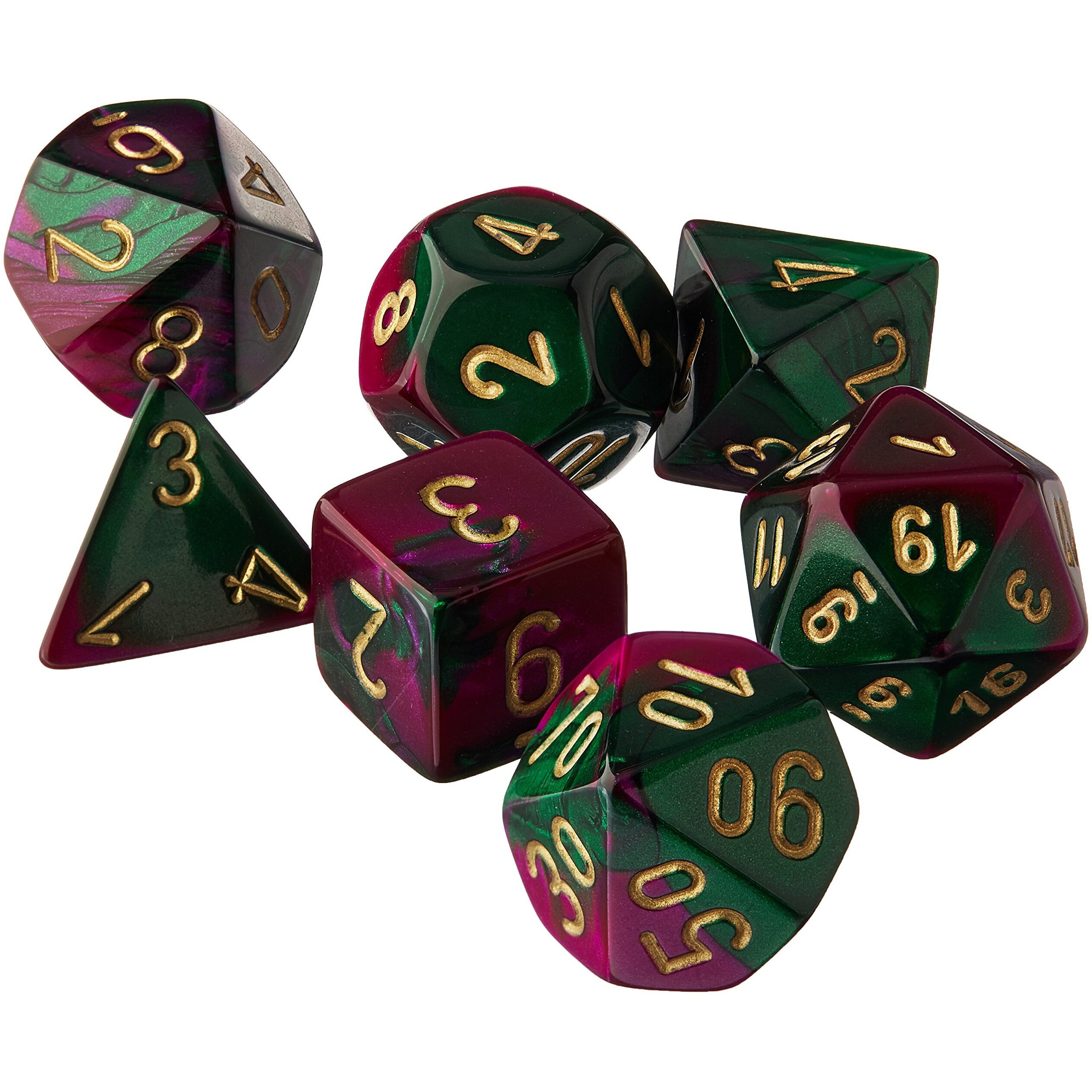Chessex Gemini Polyhedral 7-Die Set, Green/Purple/Gold