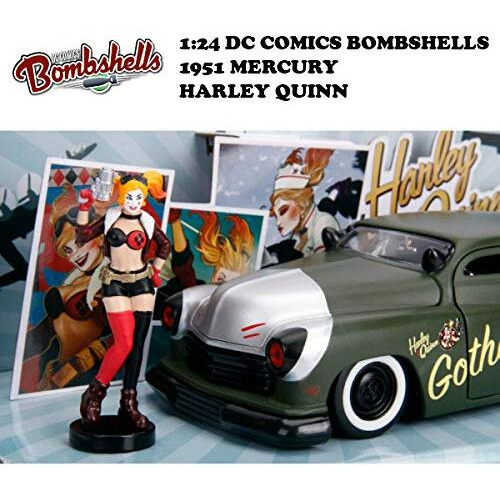 1951 Mercury Matt Green with Harley Quinn Diecast Figurine &quotDC Comics Bombshells" Series 1/24 Diecast Model Car by Jada