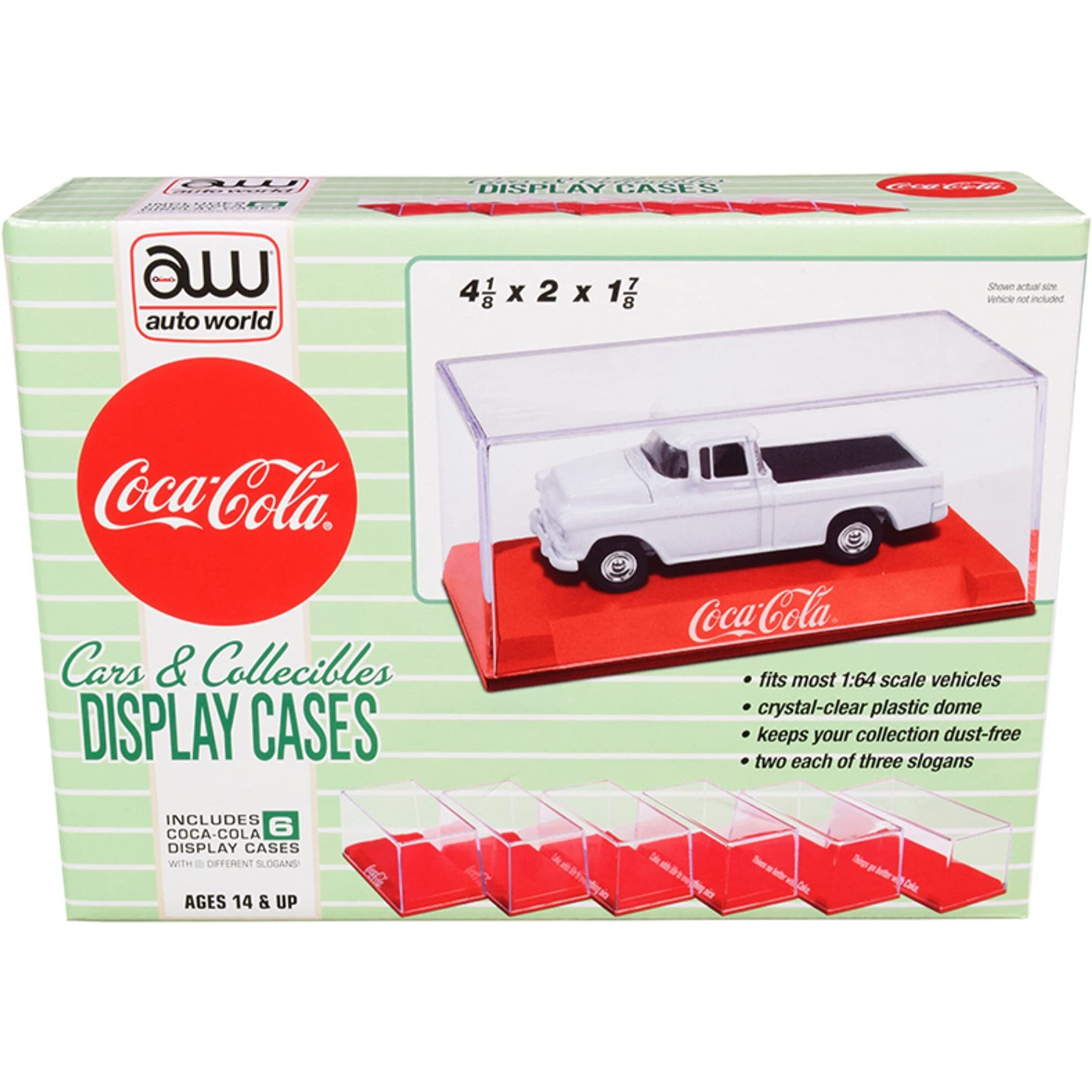 6 Collectible Acrylic Display Show Cases with Red Plastic Bases with 3 Different Slogans &quotCoca-Cola" for 1/64 Scale Model Cars by Autoworld