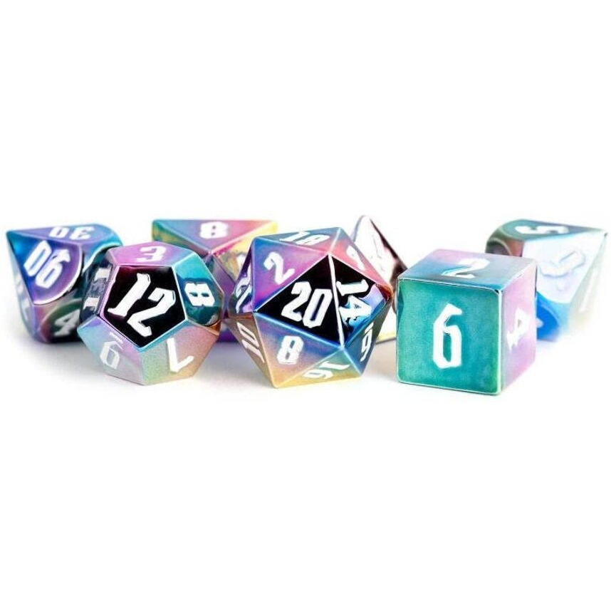 FanRoll by Metallic Dice Games 16mm Aluminum Plated Acrylic Poly DND Dice Set Rainbow Aegis w/White Numbers, Role Playing Game Dice for Dungeons and Dragons
