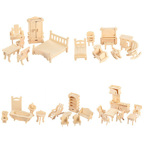 3D Wooden Dollhouse Furniture Puzzles DIY Miniature Furniture Models Set