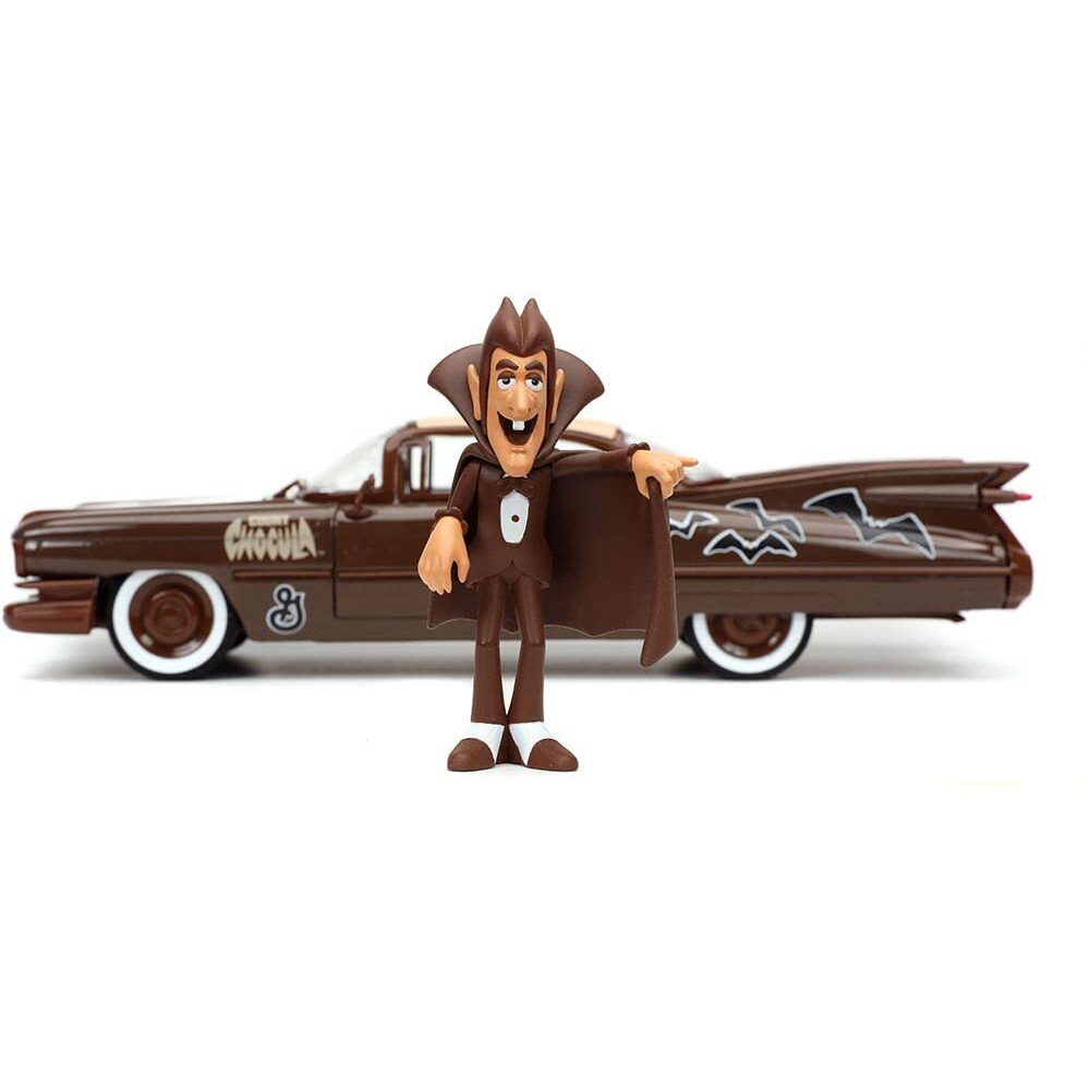 1959 Cadillac Coupe DeVille Brown and White with Graphics and Count Chocula Diecast Figurine &quotHollywood Rides" Series 1/24 Diecast Model Car by Jada