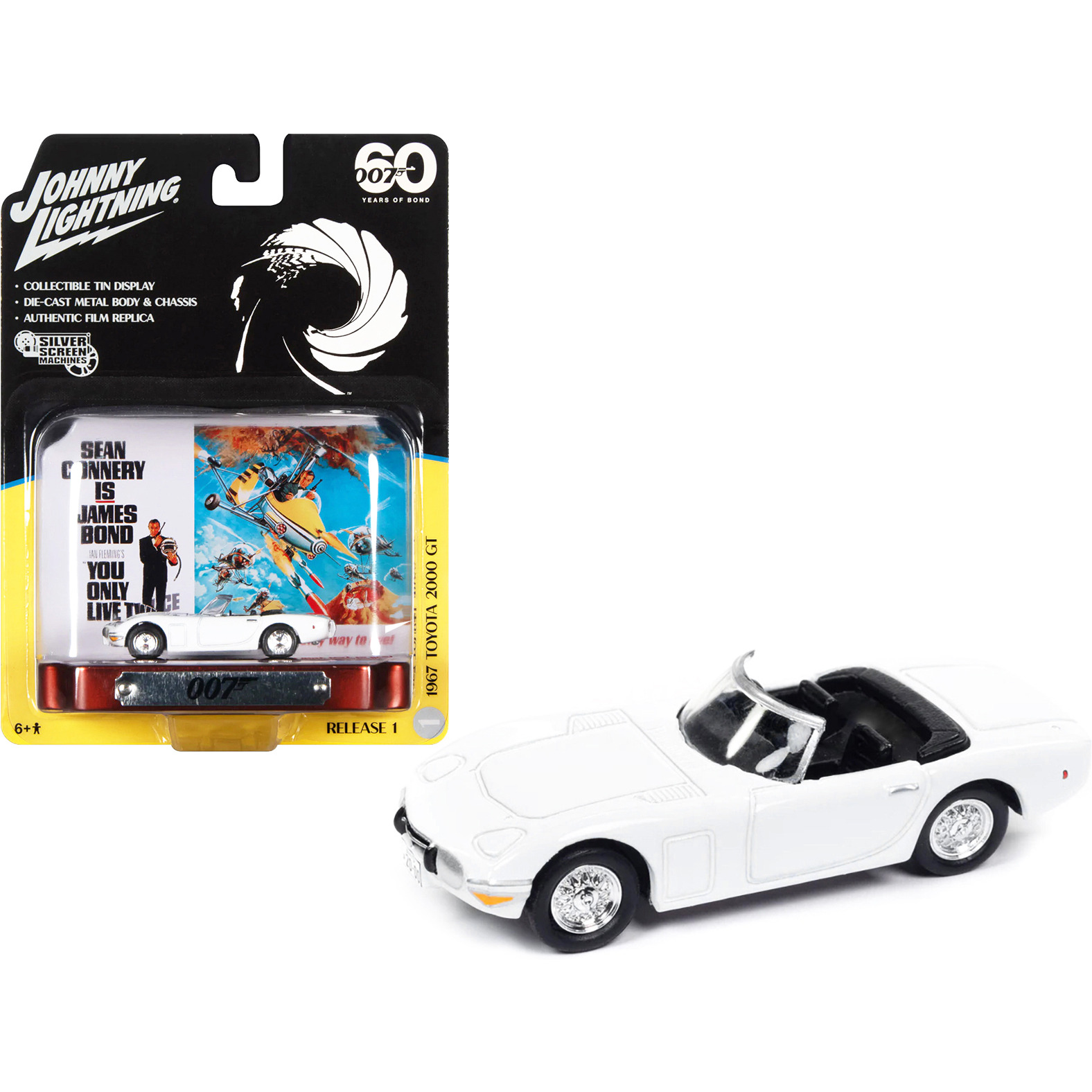 1967 Toyota 2000 GT Convertible RHD (Right Hand Drive) White 007 (James Bond) &quotYou Only Live Twice" (1967) Movie with Collectible Tin Display &quotSilver Screen Machines" Series 1/64 Diecast Model Car by Johnny Lightning