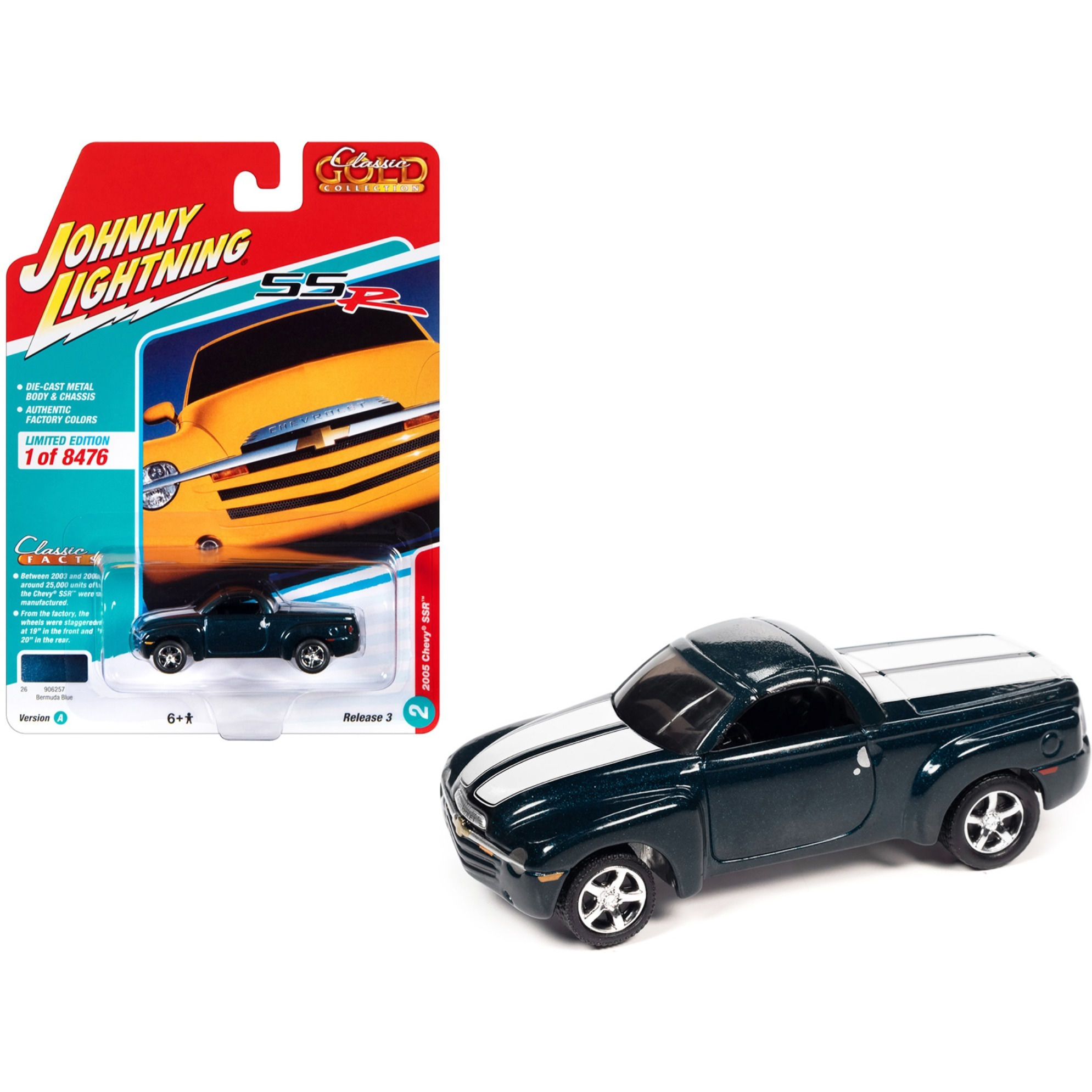 2005 Chevrolet SSR Pickup Truck Bermuda Blue Metallic with White Stripes &quotClassic Gold Collection" Series Limited Edition to 8476 pieces Worldwide 1/64 Diecast Model Car by Johnny Lightning