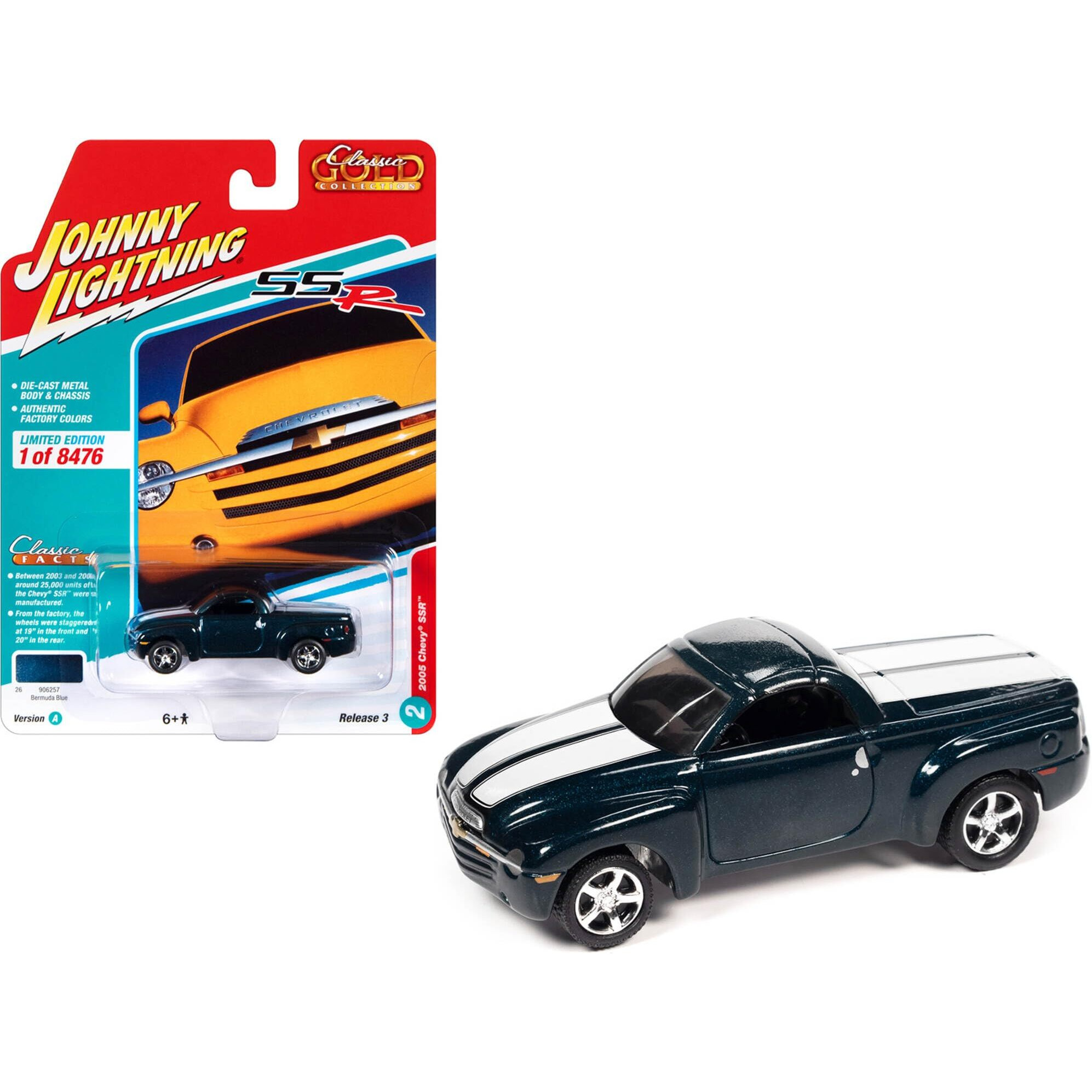 2005 Chevrolet SSR Pickup Truck Bermuda Blue Metallic with White Stripes &quotClassic Gold Collection" Series Limited Edition to 8476 pieces Worldwide 1/64 Diecast Model Car by Johnny Lightning