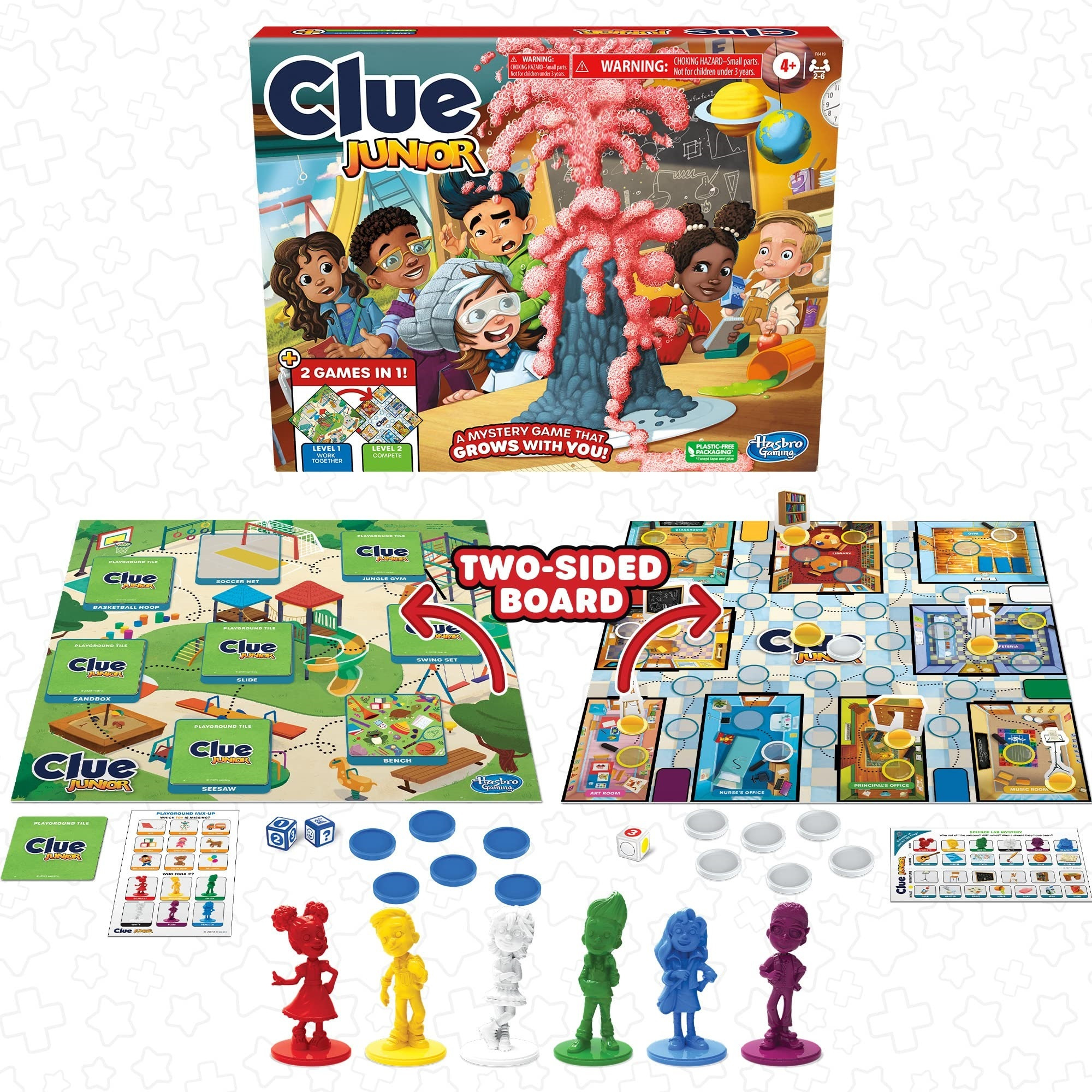 Clue Junior Game, 2-Sided Gameboard, 2 Games in 1, Clue Mystery Game for Younger Kids Ages 4 and Up, 2 to 6 Players