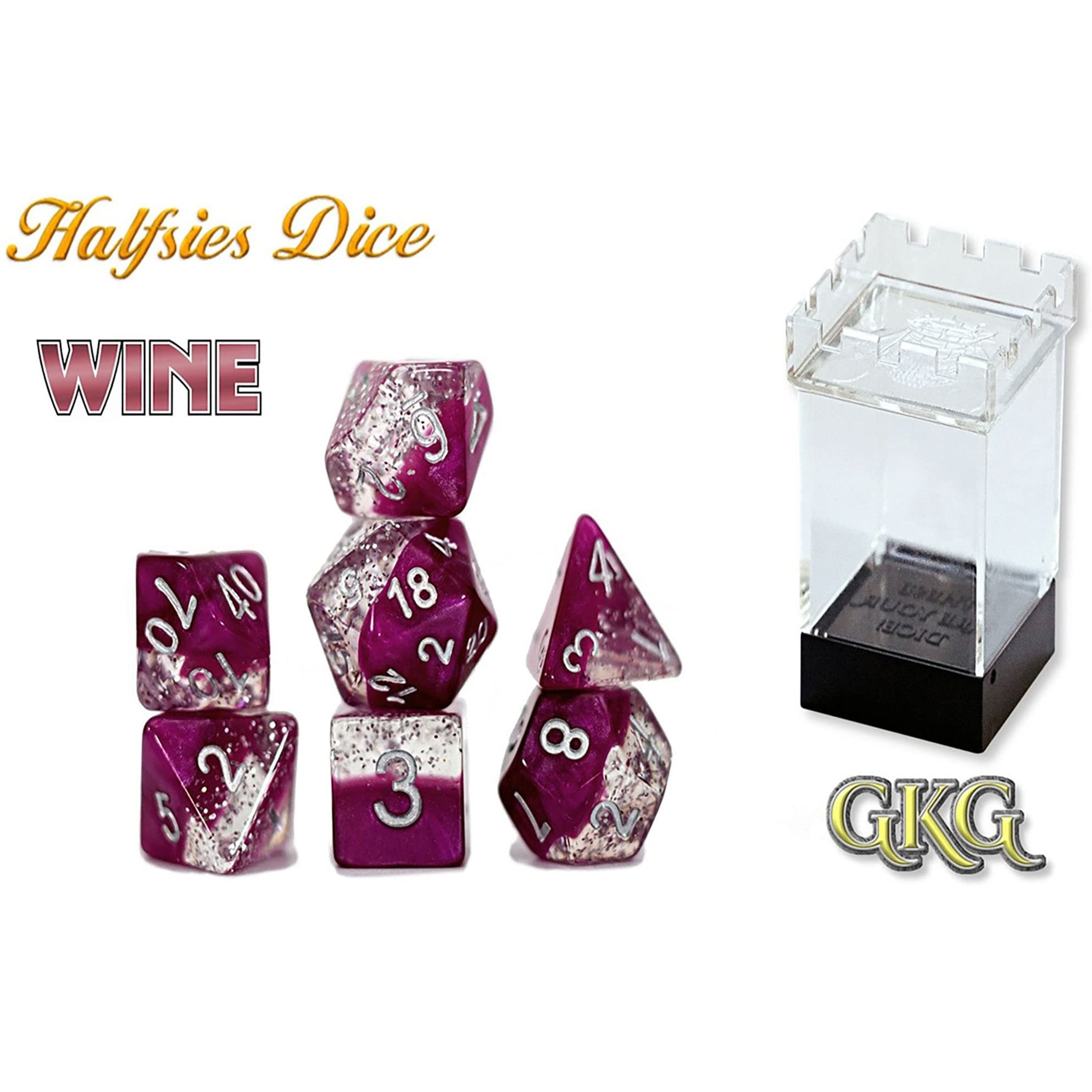 Gate Keeper Games Halfsies Dice Glitter Edition Wine - 7 Piece RPG Dice Set, Gate Keeper Games, Roleplaying, Comes in Plastic Dice Keeper, Wine & Fine Silver Glitter, 2 Tone Dice Set