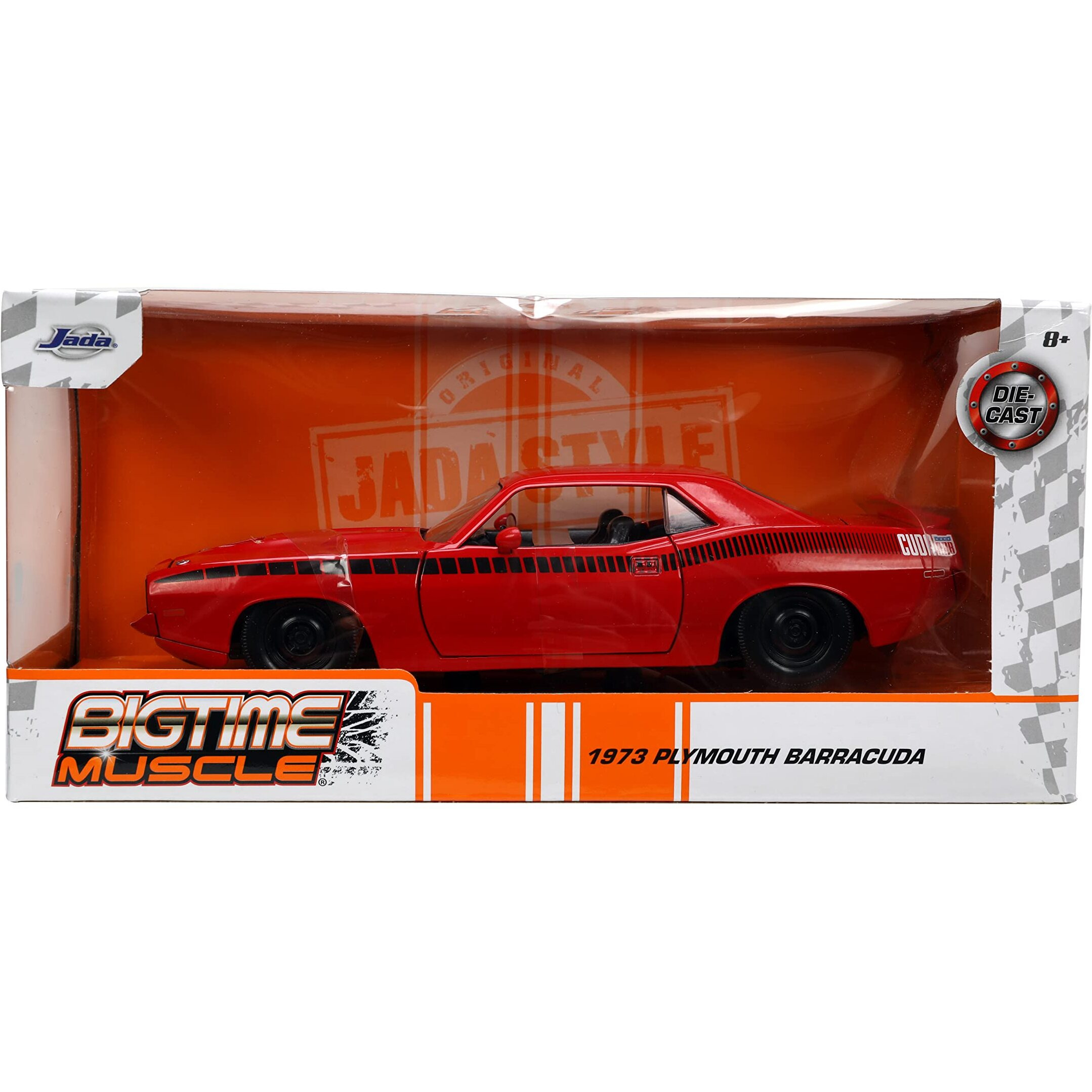 1973 Plymouth Barracuda Red with Black Stripes &quotBigtime Muscle" Series 1/24 Diecast Model Car by Jada