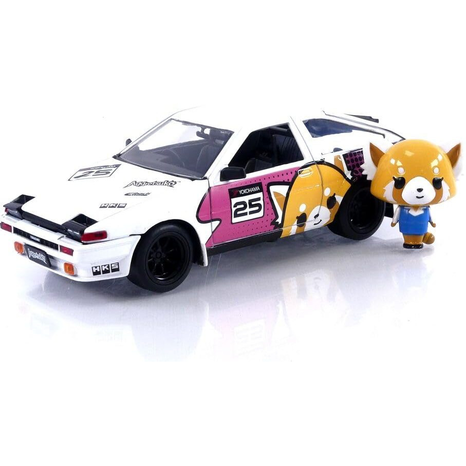 1986 Toyota Trueno (AE86) RHD (Right Hand Drive) 25 White with Graphics and Aggretsuko Diecast Figure &quotAggretsuko" &quotAnime Hollywood Rides" Series 1/24 Diecast Model Car by Jada