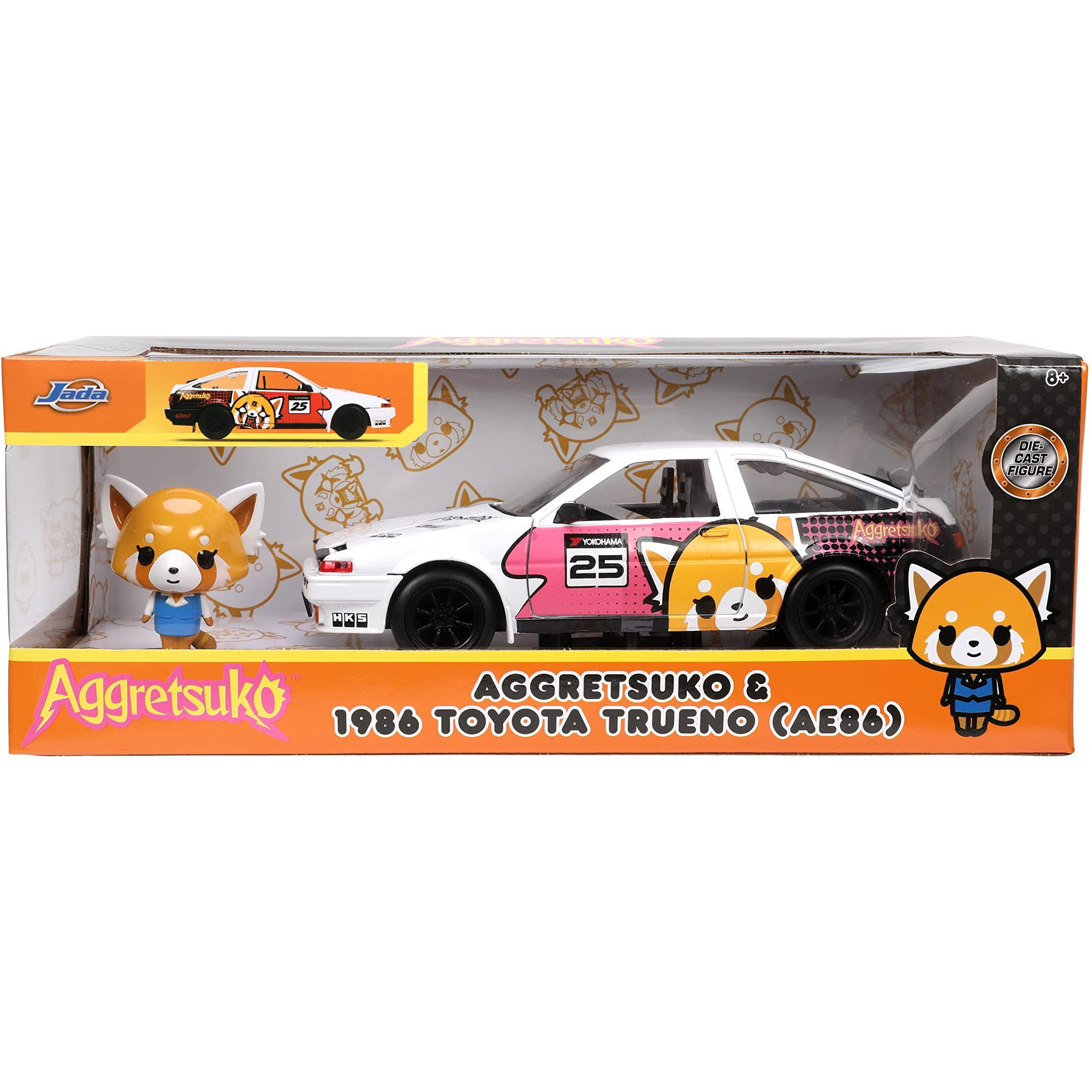 1986 Toyota Trueno (AE86) RHD (Right Hand Drive) 25 White with Graphics and Aggretsuko Diecast Figure &quotAggretsuko" &quotAnime Hollywood Rides" Series 1/24 Diecast Model Car by Jada