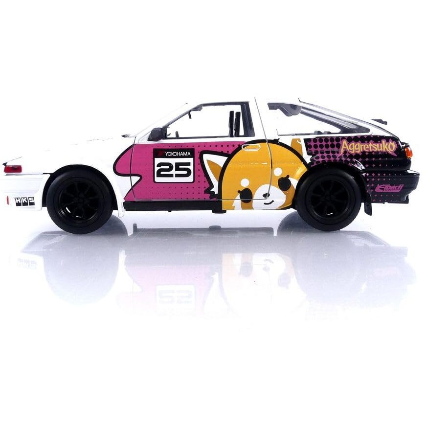 1986 Toyota Trueno (AE86) RHD (Right Hand Drive) 25 White with Graphics and Aggretsuko Diecast Figure &quotAggretsuko" &quotAnime Hollywood Rides" Series 1/24 Diecast Model Car by Jada