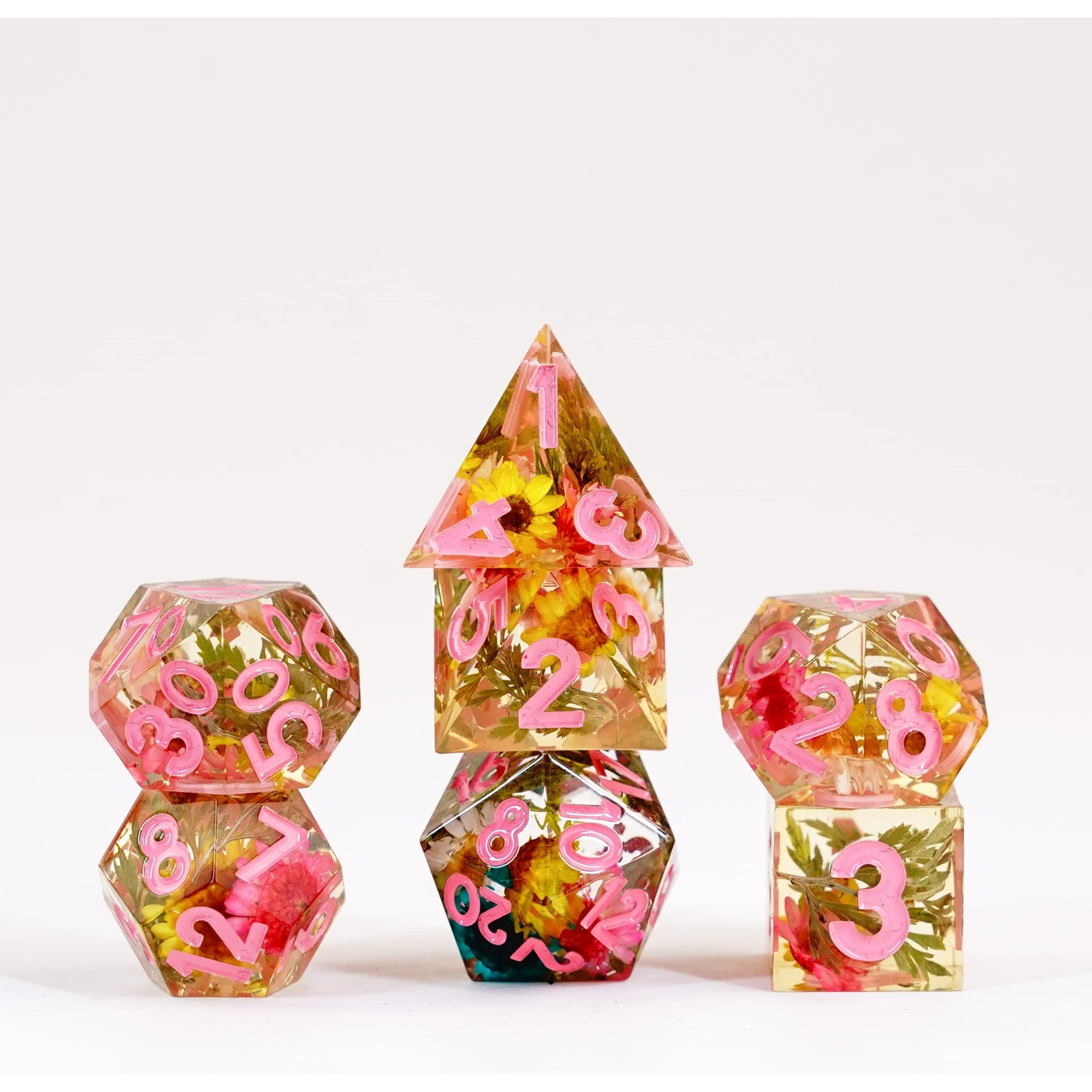 FanRoll by Metallic Dice Games Sharp Edge Resin DND Dice Set Chrysanthemum w/Pink, Role Playing Game Dice for Dungeons and Dragons