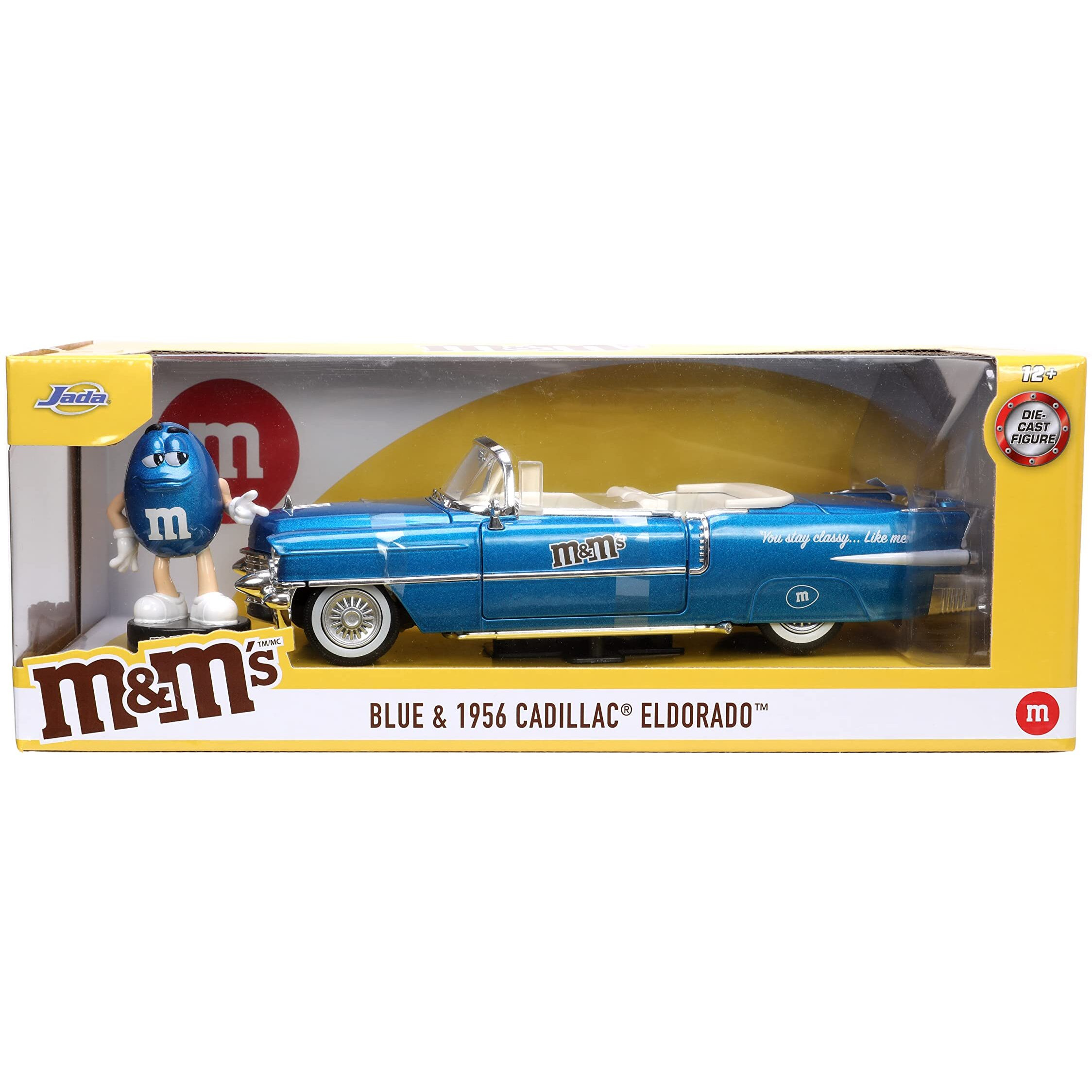 1956 Cadillac Eldorado Convertible Blue Metallic with Cream Interior &quotStay Classy" and Blue M&M Diecast Figure &quotM&M's" &quotHollywood Rides" Series 1/24 Diecast Model Car by Jada