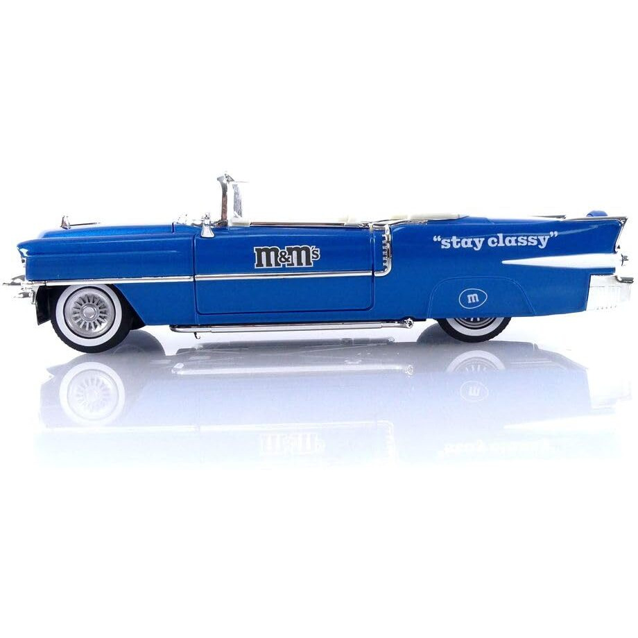 1956 Cadillac Eldorado Convertible Blue Metallic with Cream Interior &quotStay Classy" and Blue M&M Diecast Figure &quotM&M's" &quotHollywood Rides" Series 1/24 Diecast Model Car by Jada