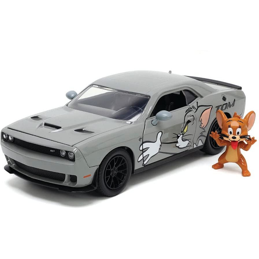2015 Dodge Challenger Hellcat Gray with &quotTom" Graphics and Jerry Diecast Figure &quotTom and Jerry" &quotHollywood Rides" Series 1/24 Diecast Model Car by Jada