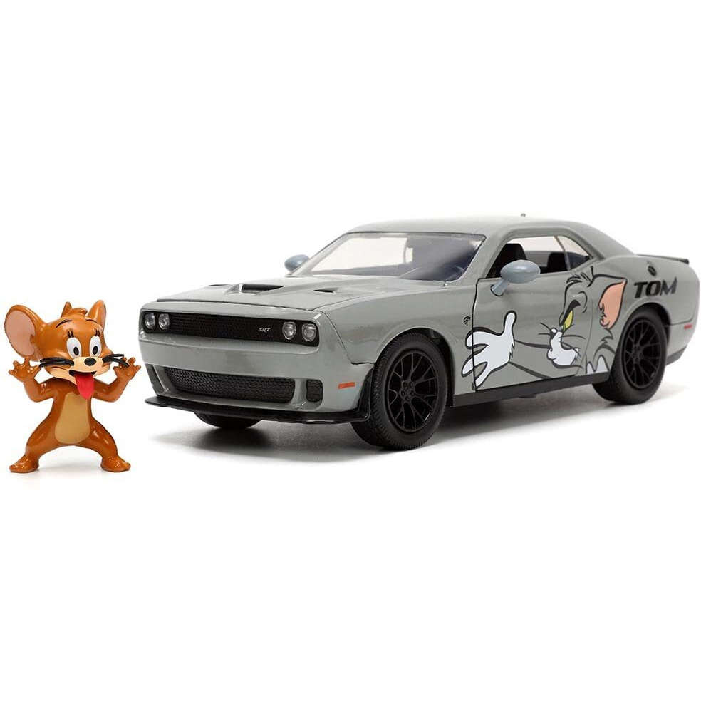 2015 Dodge Challenger Hellcat Gray with &quotTom" Graphics and Jerry Diecast Figure &quotTom and Jerry" &quotHollywood Rides" Series 1/24 Diecast Model Car by Jada