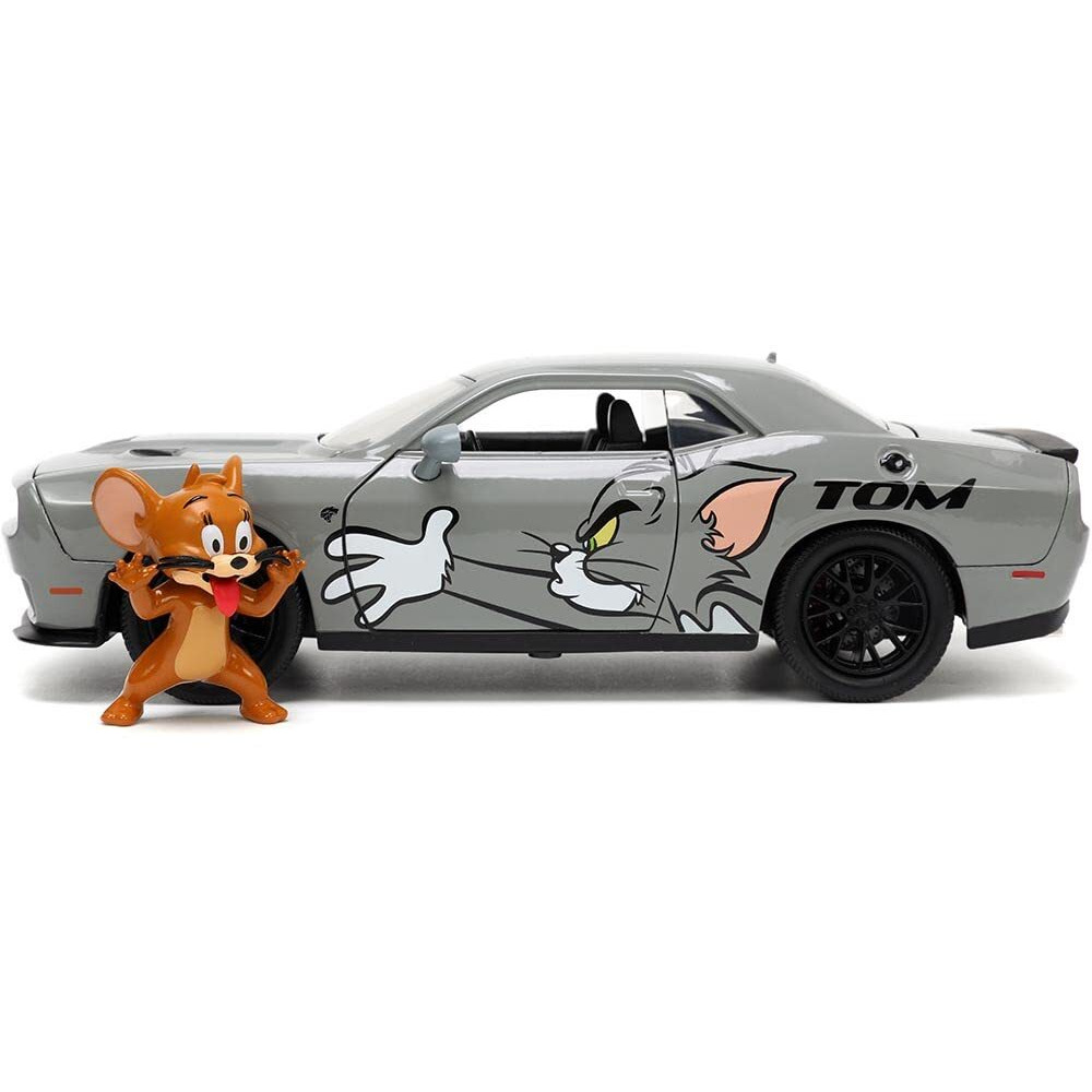 2015 Dodge Challenger Hellcat Gray with &quotTom" Graphics and Jerry Diecast Figure &quotTom and Jerry" &quotHollywood Rides" Series 1/24 Diecast Model Car by Jada