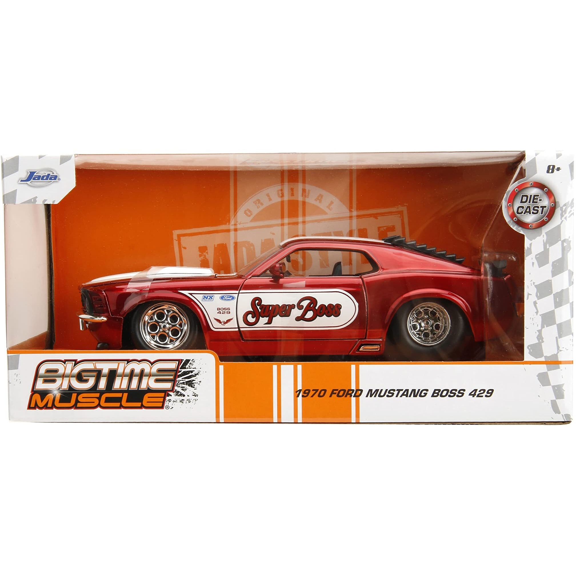 1970 Ford Mustang Boss 429 Candy Red with White Stripes &quotSuper Boss" &quotBigtime Muscle" Series 1/24 Diecast Model Car by Jada