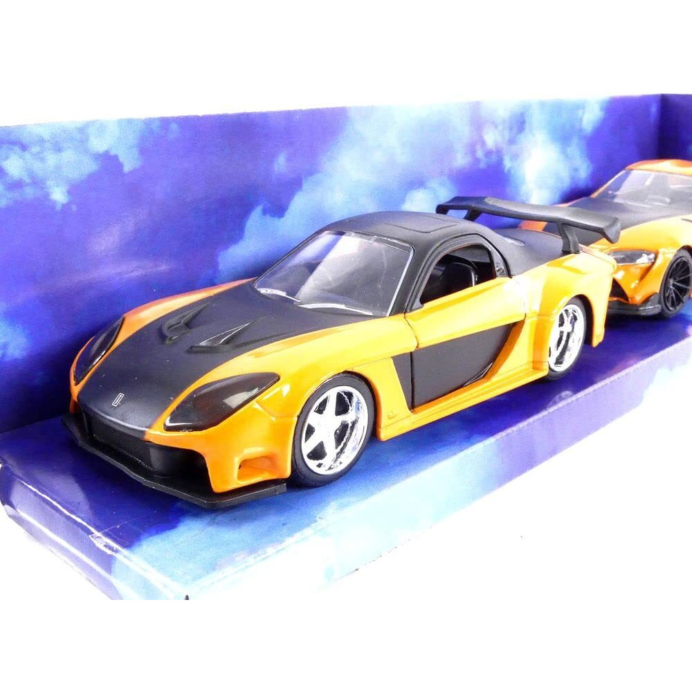 Han's Mazda RX-7 Orange Metallic and Matt Black and Toyota GR Supra Orange Metallic with Black Hood Set of 2 pieces &quotFast & Furious" Series 1/32 Diecast Model Cars by Jada