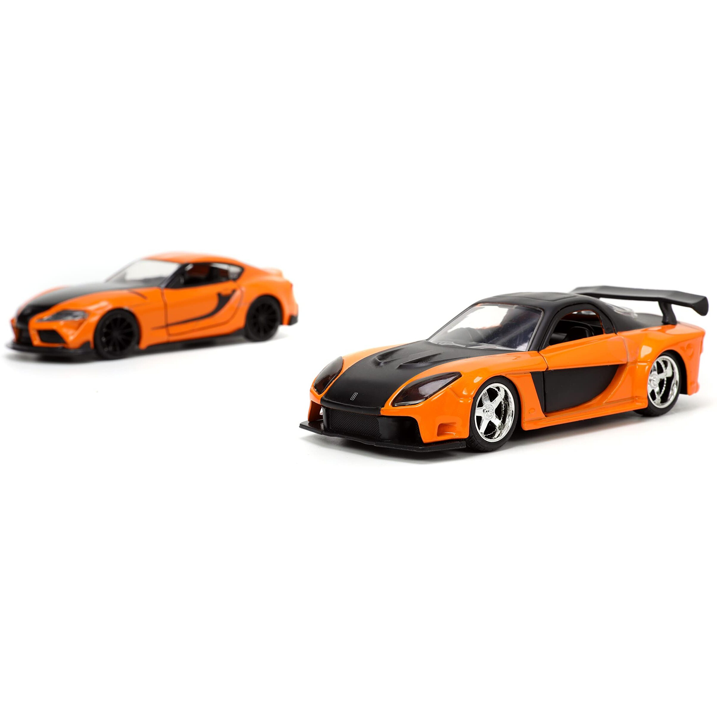 Han's Mazda RX-7 Orange Metallic and Matt Black and Toyota GR Supra Orange Metallic with Black Hood Set of 2 pieces &quotFast & Furious" Series 1/32 Diecast Model Cars by Jada