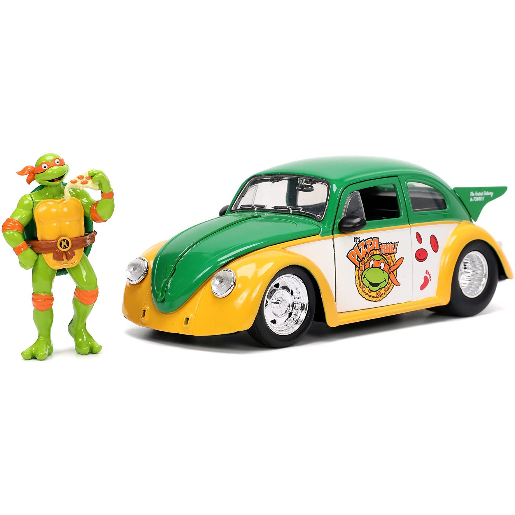1959 Volkswagen Drag Beetle Green and Yellow and Michelangelo Diecast Figure &quotTeenage Mutant Ninja Turtles" &quotHollywood Rides" Series 1/24 Diecast Model Car by Jada