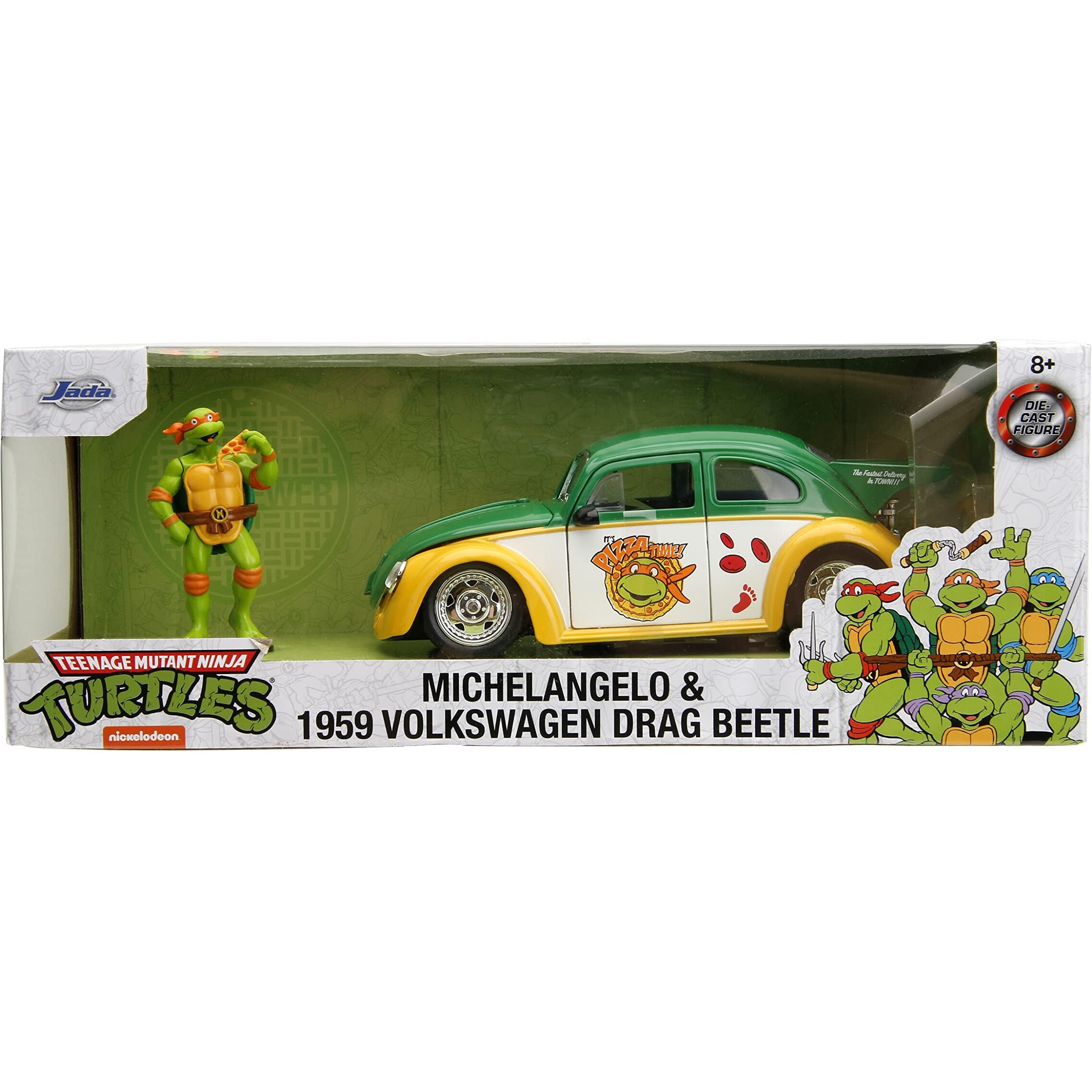 1959 Volkswagen Drag Beetle Green and Yellow and Michelangelo Diecast Figure &quotTeenage Mutant Ninja Turtles" &quotHollywood Rides" Series 1/24 Diecast Model Car by Jada