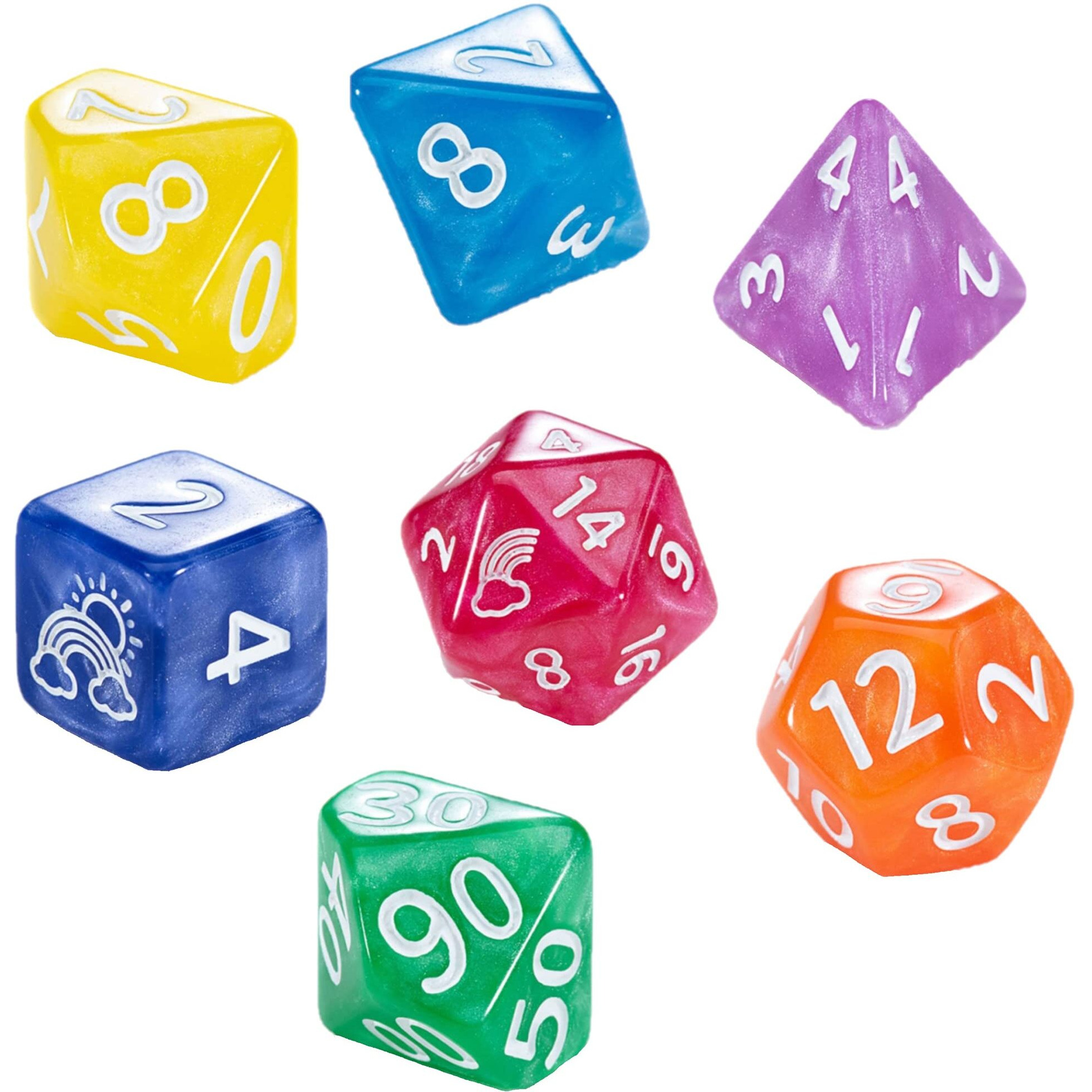 Gate Keeper Games Mighty Tiny Dice Rainbow Bits - 7 Piece RPG Dice Set, 12mm Resin Dice Set, Gate Keeper Games, Roleplaying, Custom Logos on d20 and d6, Rainbow of Color in Every Set